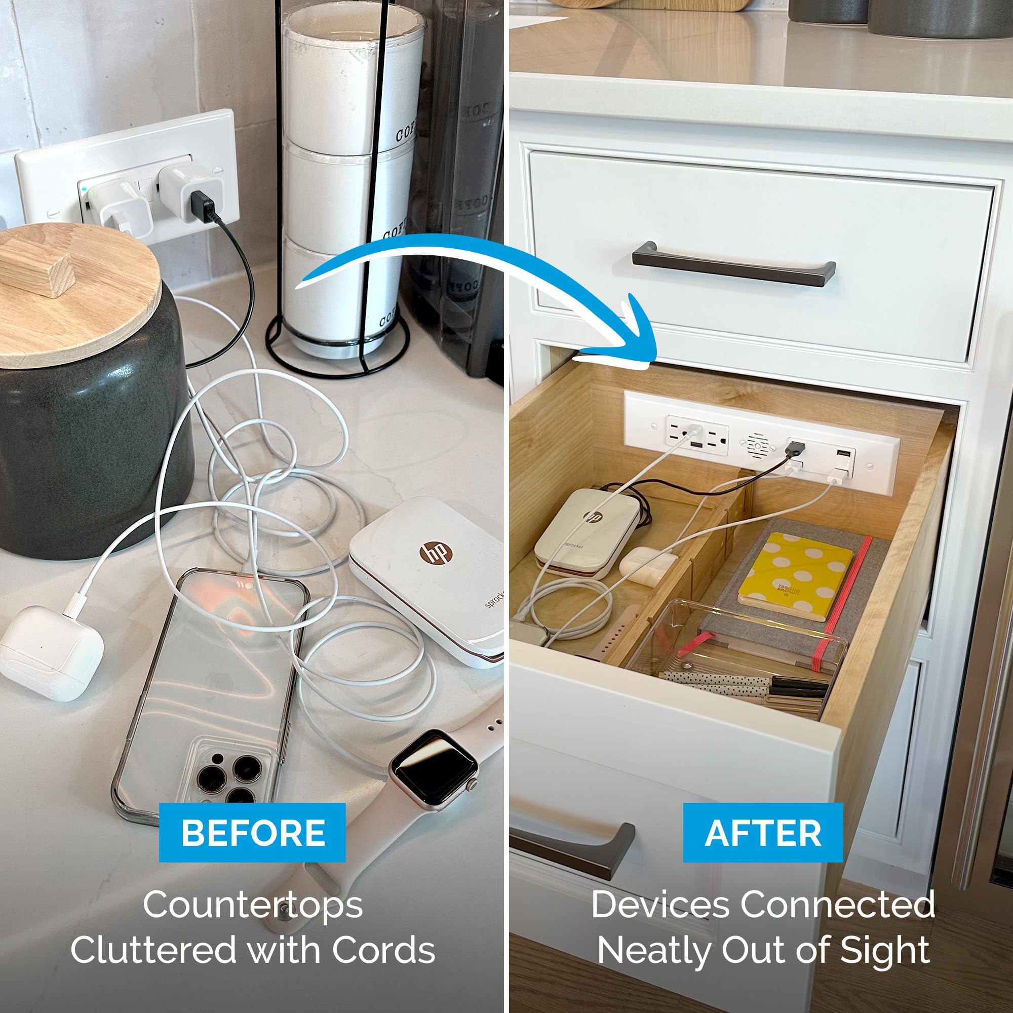 Docking Drawer Blade Duo In-Drawer Outlet with 6 USB-A Ports & 2 15A AC Outlets - Built-in Safety Shutoff, Stainless Steel - Perfect for Kitchen, Office & Workshop Organization