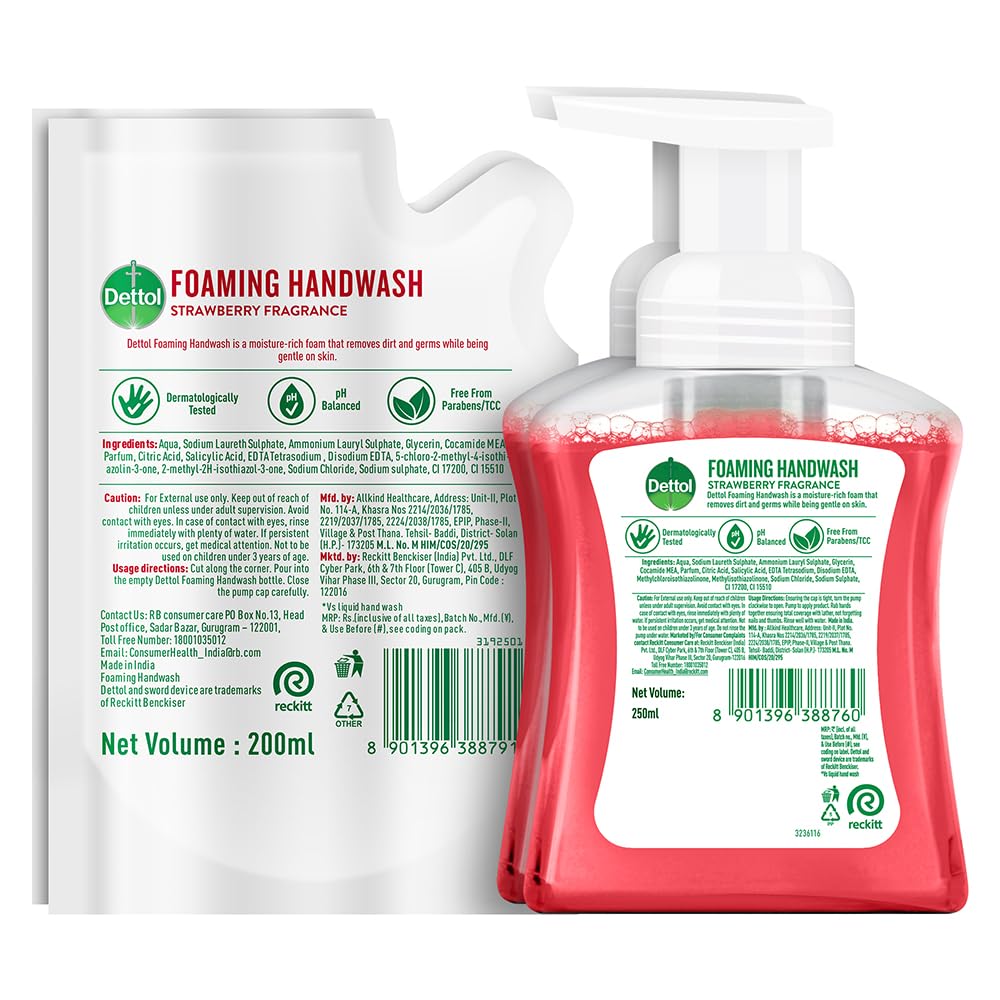 Dettol Foaming Hand Wash Pump with Refill - Strawberry Scent (250ml + 200ml) 2-Pack | Antibacterial Rich Foam Handwash | Moisturizing & Gentle on Skin | Perfect for Home, Office & Travel Hygiene