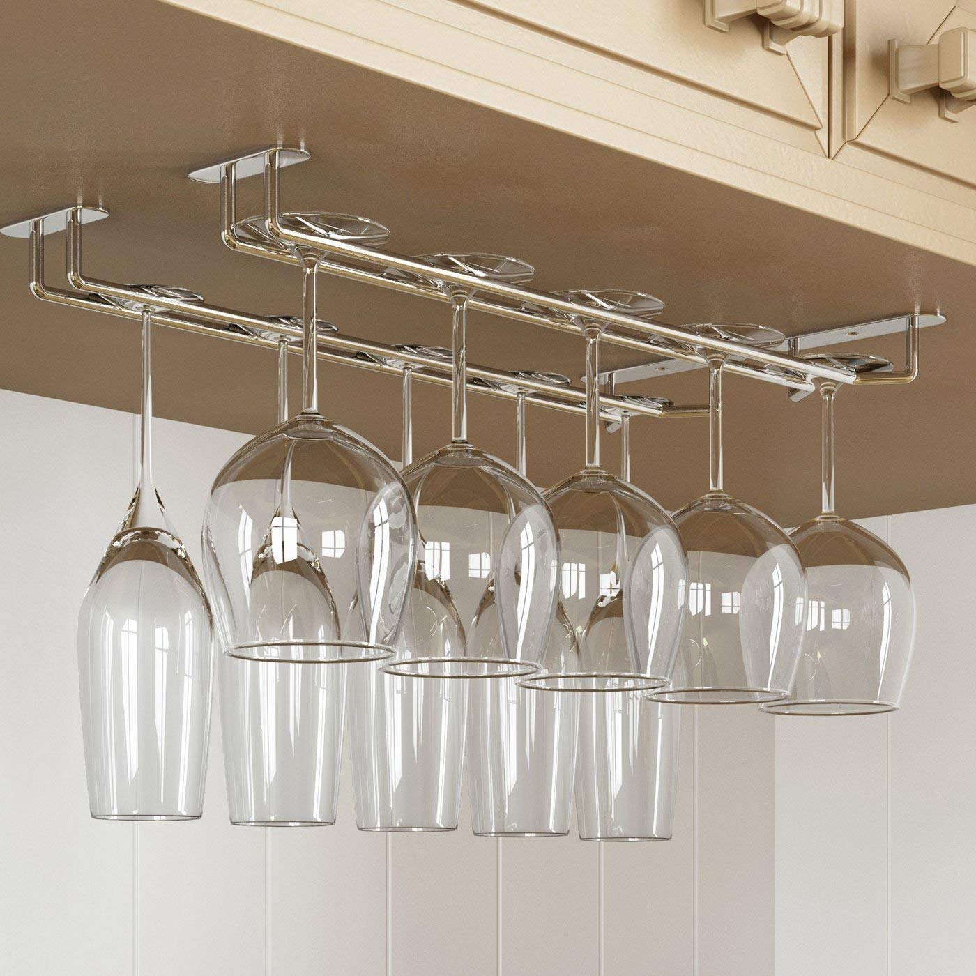 Premium Stainless Steel Under Cabinet Wine Glass Rack - Chrome Finish Hanging Stemware Holder for Kitchen, Bar & Dining Room (10 Inch) - Perfect for Organizing Wine Glasses & Saving Counter Space