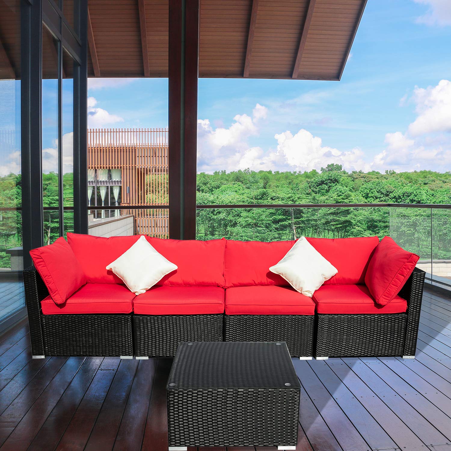 OVASTLKUY 5-Piece Red Wicker Rattan Sectional Patio Sofa Set with Cushions - Outdoor Garden Furniture for Backyard, Poolside & Patio Conversation