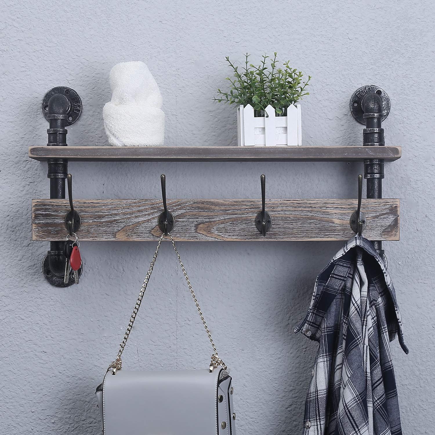 MBQQ Industrial Pipe Wall Coat Rack - 24 Inch Real Wood Shelf with 4 Metal Hooks - Rustic Entryway Organizer for Hallway, Bathroom, Living Room & Bedroom - Perfect for Hanging Coats, Hats, Towels & Decor