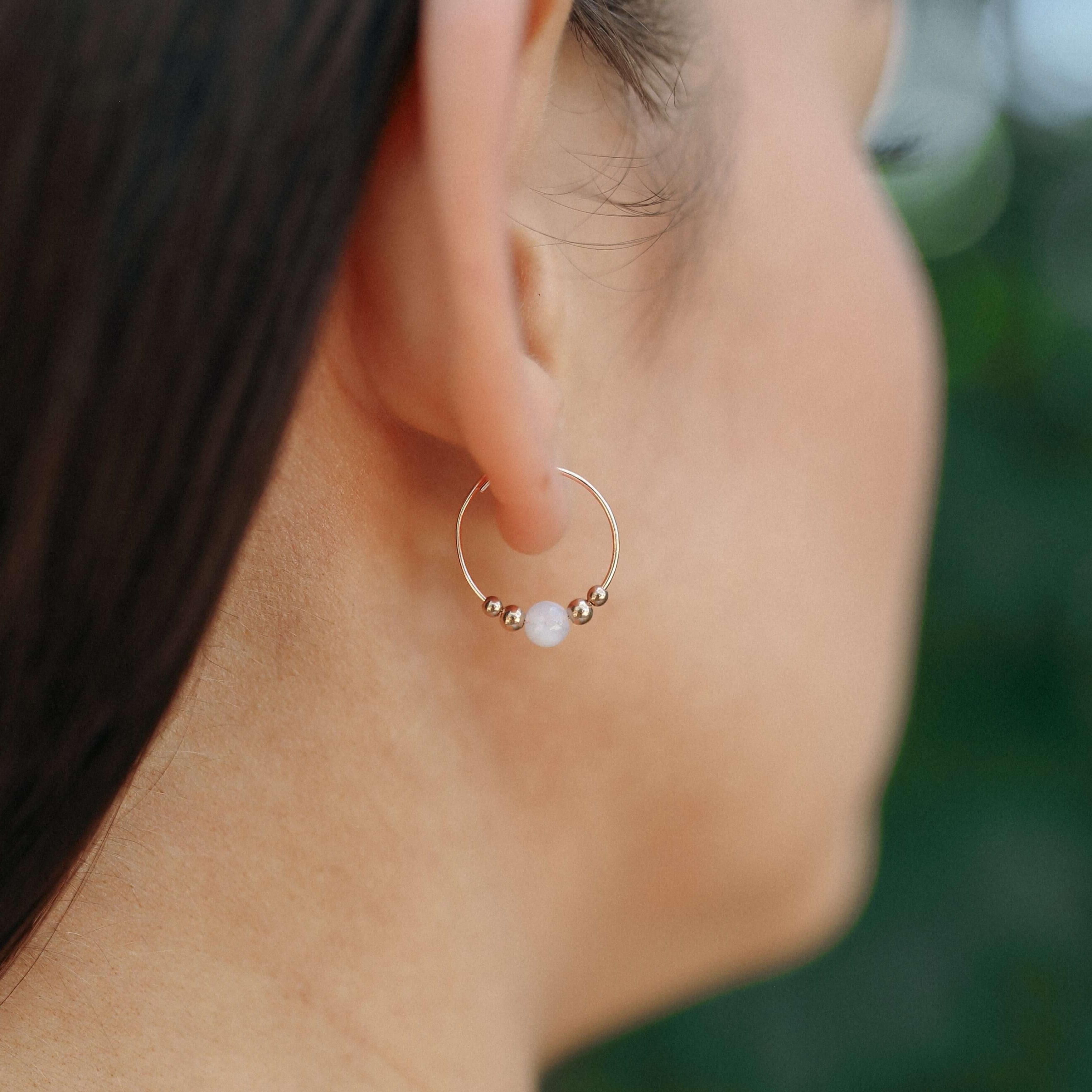 Tiny Blue Lace Agate Bead Hoop Earrings for Women - Natural Stone Dangle Jewelry - Perfect for Everyday Wear, Office & Special Occasions