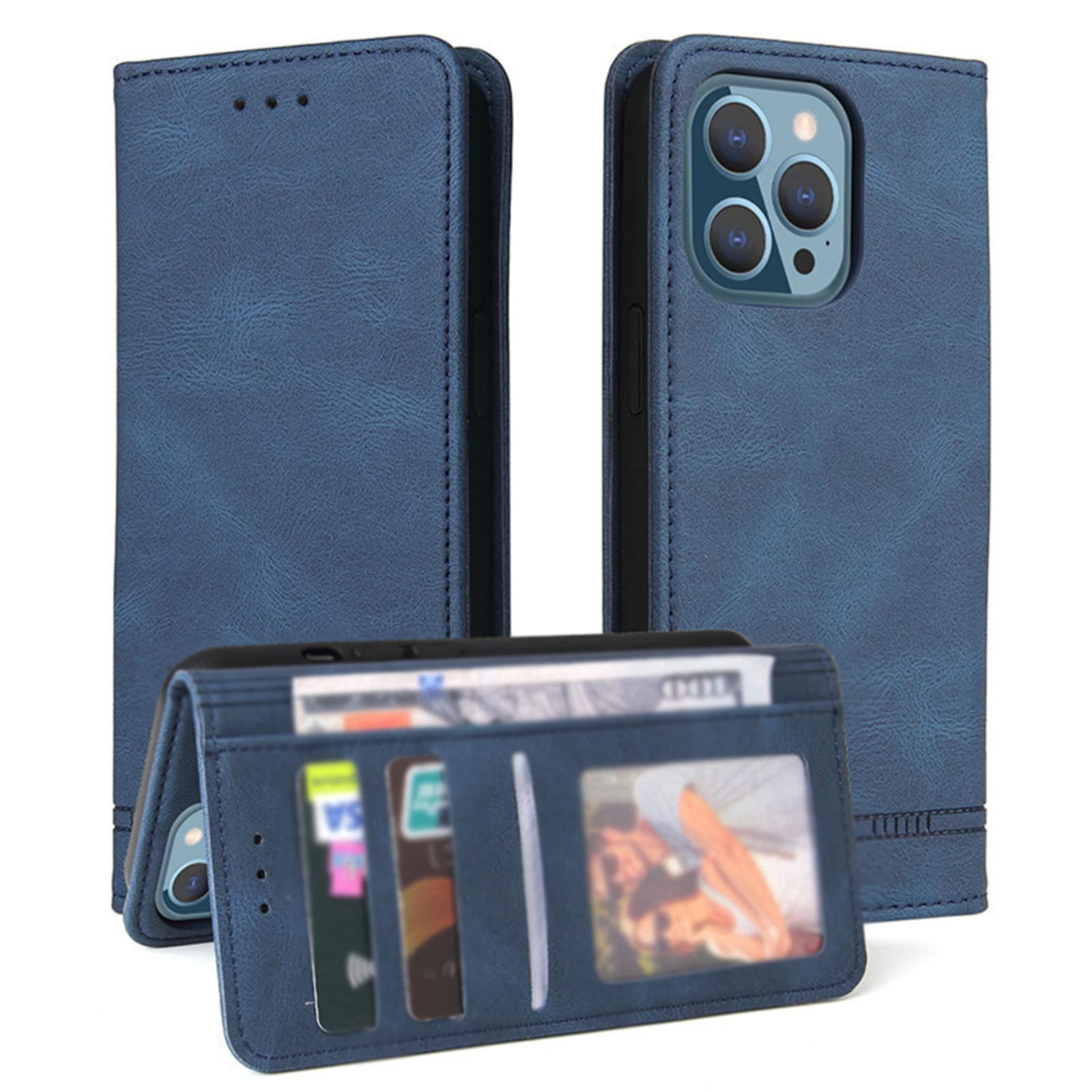 Magnetic PU Leather Wallet Case for iPhone 13 Pro Max - Shockproof Card Holder & Stand (Blue) for Daily Use