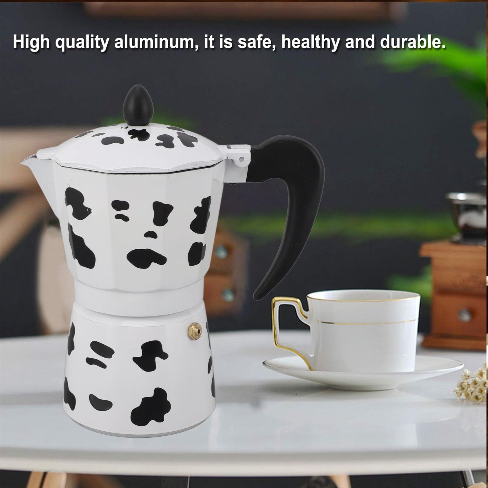 Fockety Stovetop Espresso Maker - 6 Cup Aluminum Moka Pot with Cow Print Design, Portable Italian Coffee Maker for Home, Cafe, Camping & Travel - Perfect for Outdoor Adventures and Italian-Style Coffee Brewing