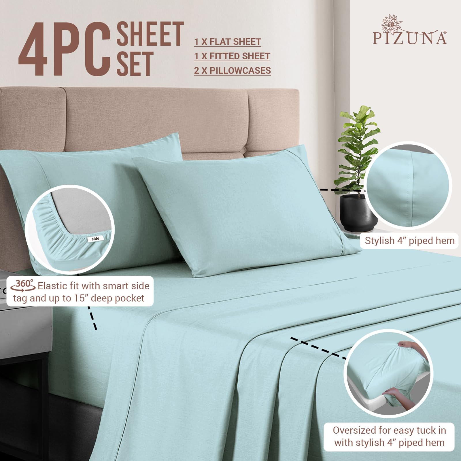 Pizuna Pure 100% Cotton California King Sheets - 400 Thread Count Luxury Sateen Bedding Set with 15