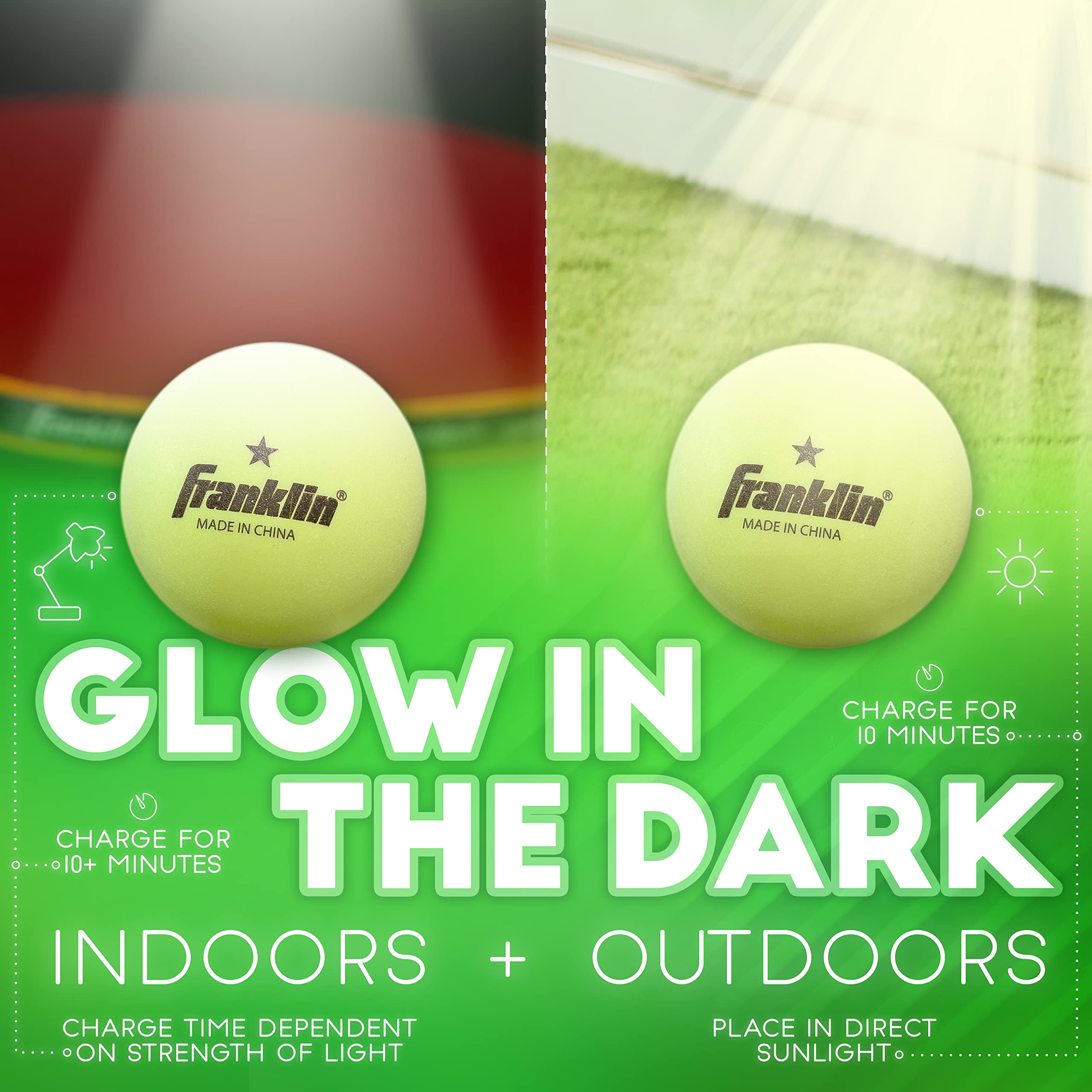 Franklin Sports Glow in The Dark Ping Pong Balls - 40mm Official Size Table Tennis Balls (6-Pack) - High Performance Glowing Green Balls for Night Play, Practice & Indoor/Outdoor Games