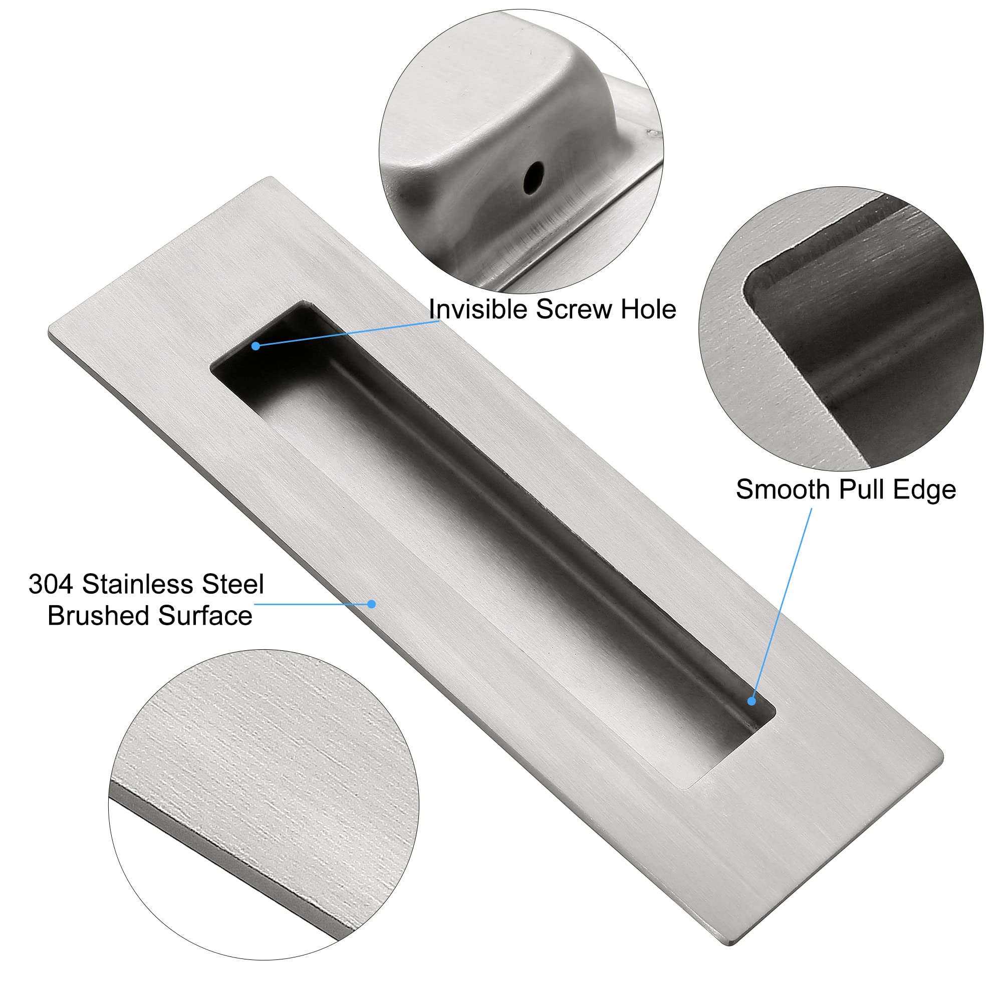 6 Inch Recessed Finger Flush Pulls for Pocket Door & Closet Door - Brushed Stainless Steel Sliding Barn Door Handles (2 Pack) - Perfect for Modern Home, Office & Cabinet Hardware Installation
