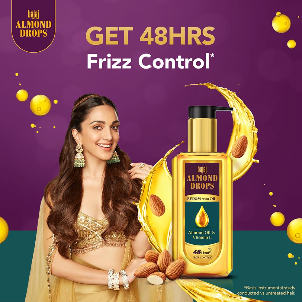 Bajaj Almond Drops Hair Serum 100ml with Almond Oil & Vitamin E - Nourishing Treatment for Dry, Frizzy Hair - Perfect for Daily Hair Care & Styling