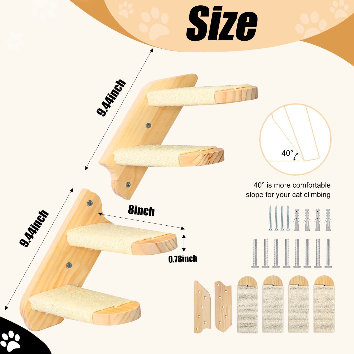 Reversible Wooden Cat Wall Steps & Shelves - 4-Step Climbing Shelf with Sisal Scratching Rope | Wall-Mounted Cat Perch Platform for Large Cats | Perfect for Small Spaces, Cat Exercise & Play Areas