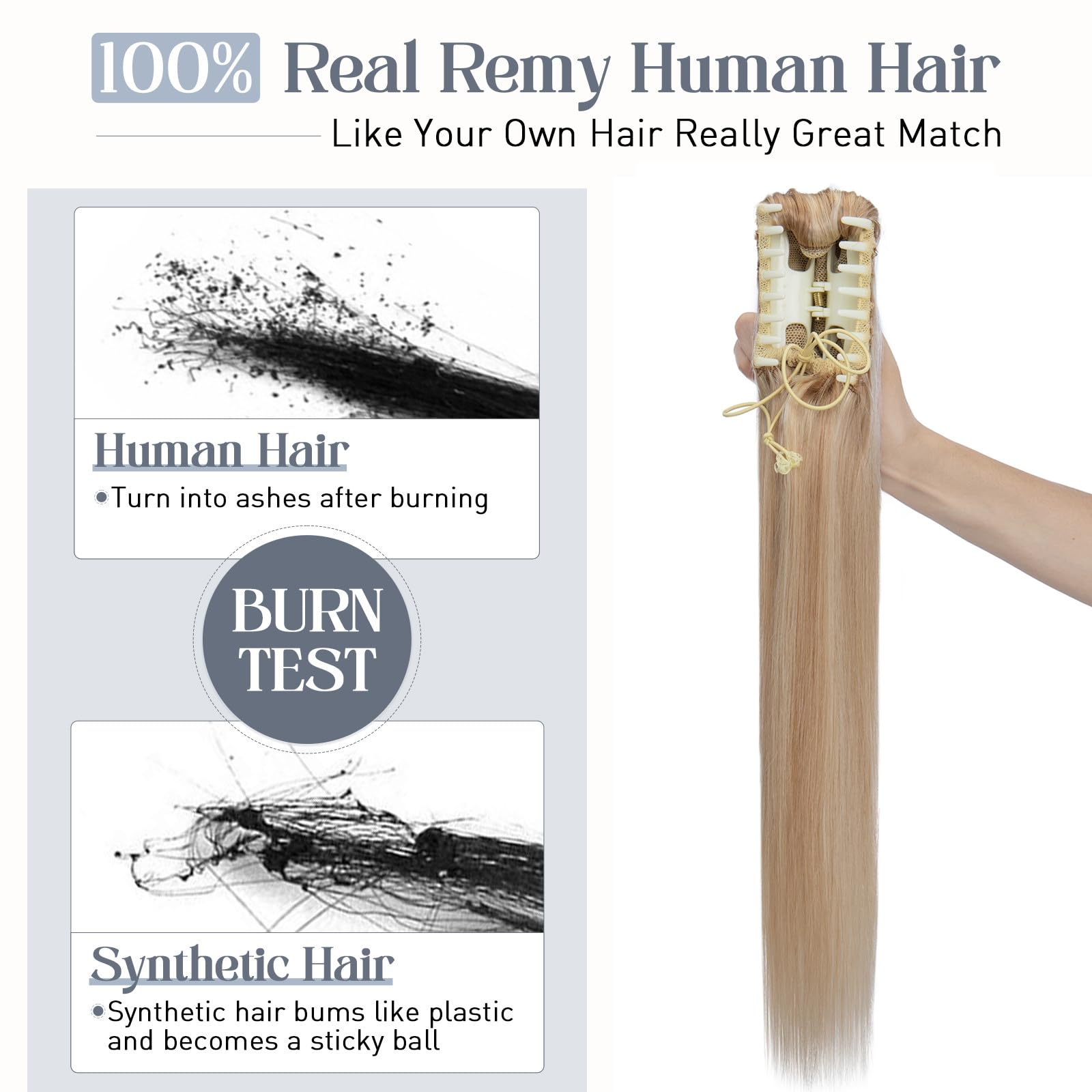 Rich Choices 20 Inch Human Hair Ponytail Extension - Clip In Remy Hair Ponytail with Balayage Highlights (Ash Blonde/Bleach Blonde, 120g) for Women - Perfect for Parties, Weddings & Everyday Styling