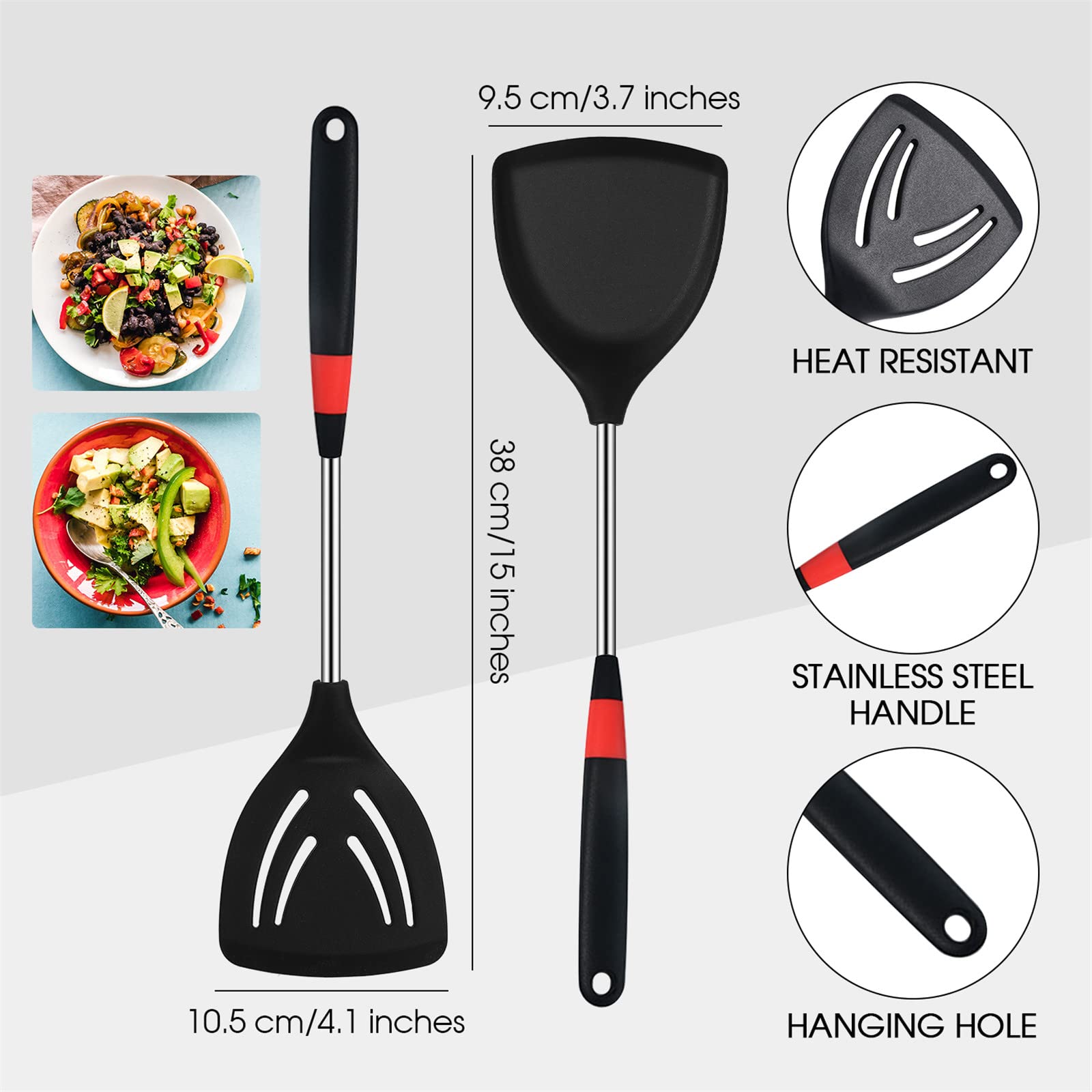 3-Piece Silicone Stainless Steel Spatula Set - Flexible Wok Turner, Slotted Spatula & Skimmer Spoon for Nonstick Cookware - Perfect for Cooking, Baking, Flipping Pancakes & Stirring Sauces