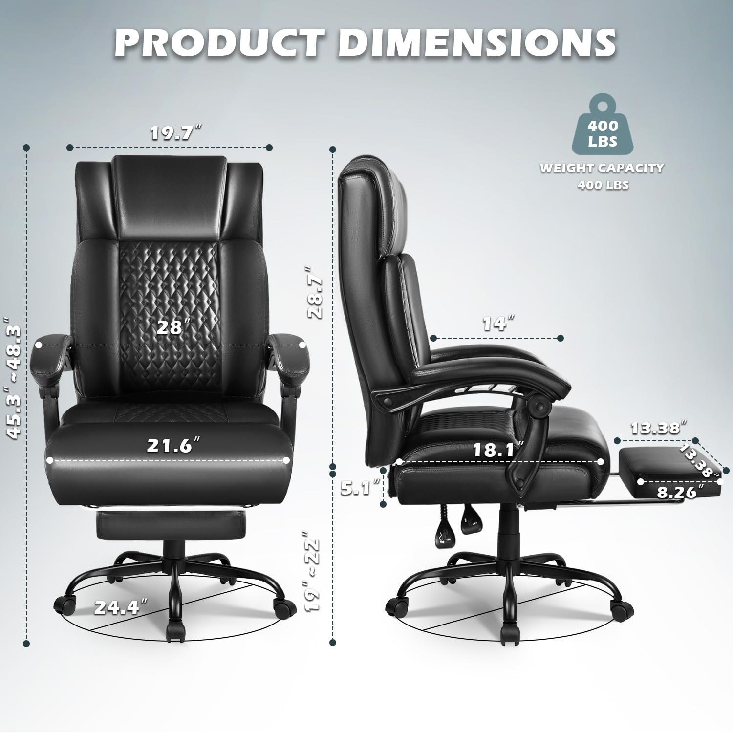 Big and Tall Office Chair with Footrest 400lbs - Heavy Duty Executive Leather Chair for Heavy People - Ergonomic High Back Desk Chair with Lumbar Support - Comfortable for Long Hours - Perfect for Home Office, Gaming, and Workspaces (Black)
