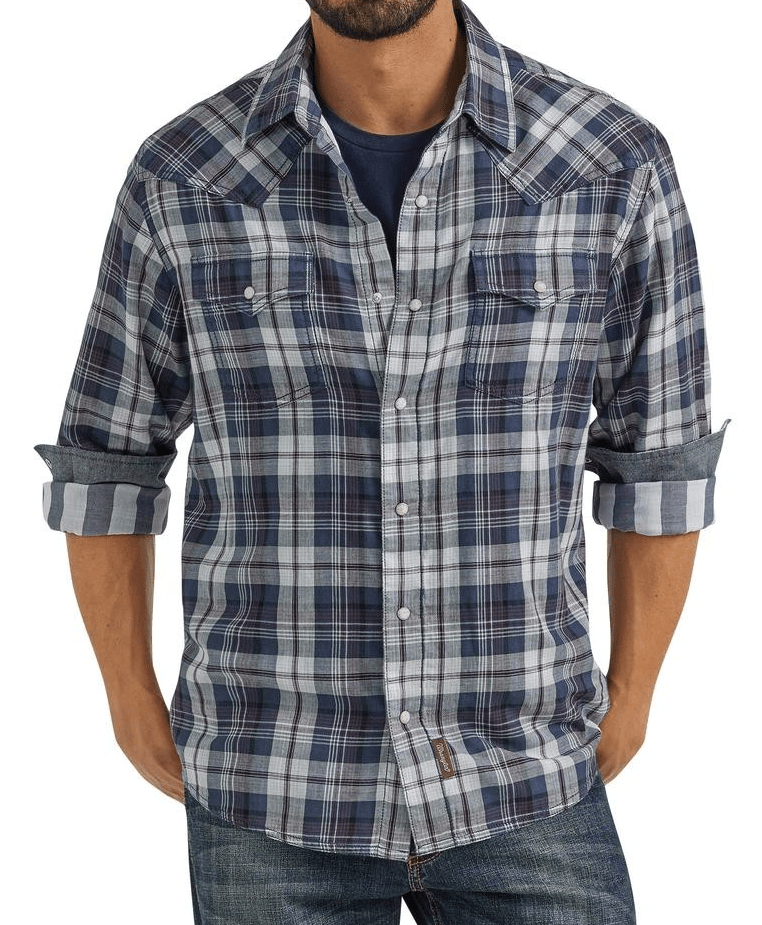 Wrangler Men's Long Sleeve Retro Snap Button Plaid Shirt - Classic Blue Plaid for Casual Wear & Outdoor Activities