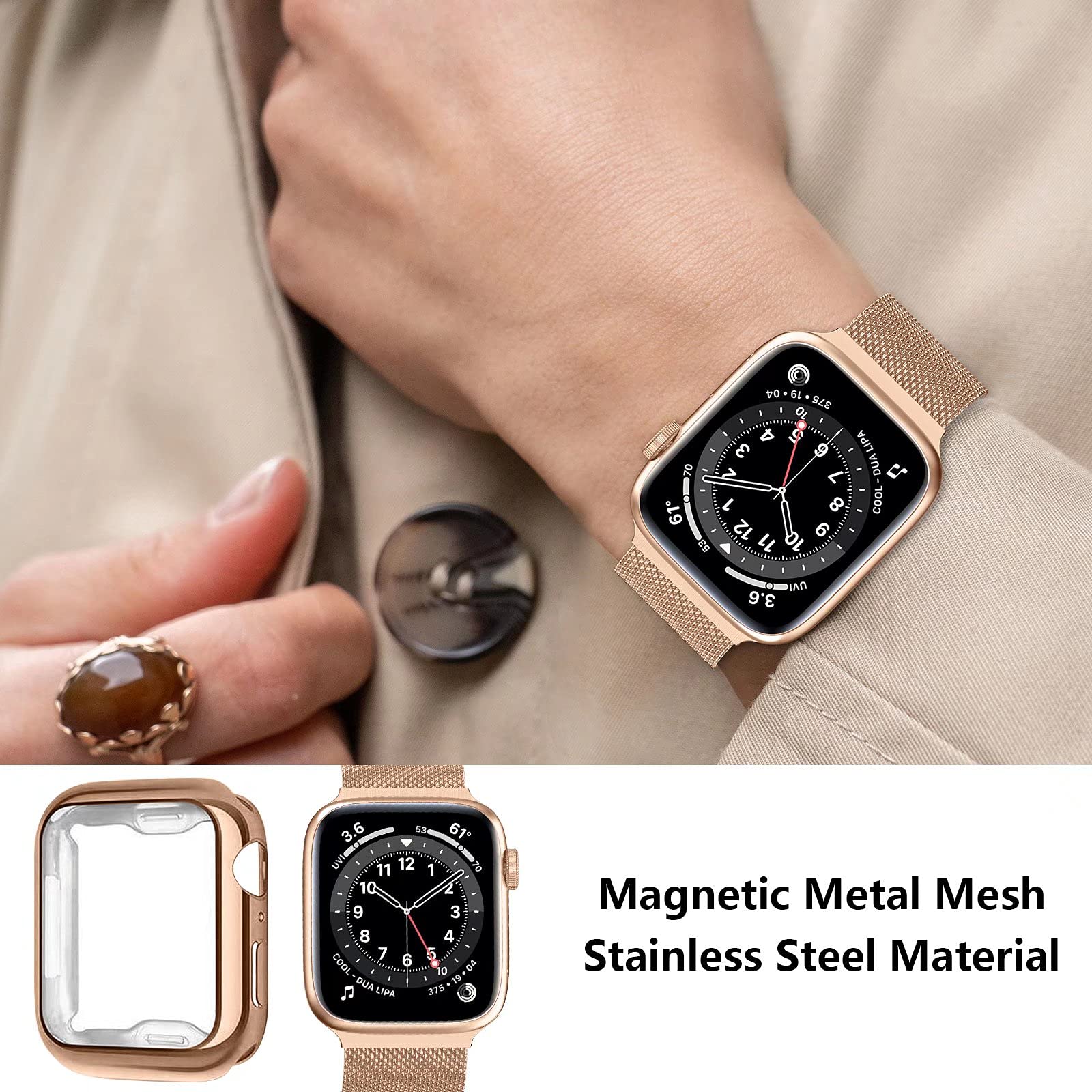Stainless Steel Band for Apple Watch 38mm 40mm 41mm 42mm 44mm 45mm - Magnetic Adjustable Strap Compatible with iWatch Series 9/8/7/6/5/4/SE/3/2/1 - Includes Screen Protector Case - Perfect for Workouts, Office & Everyday Wear for Men & Women