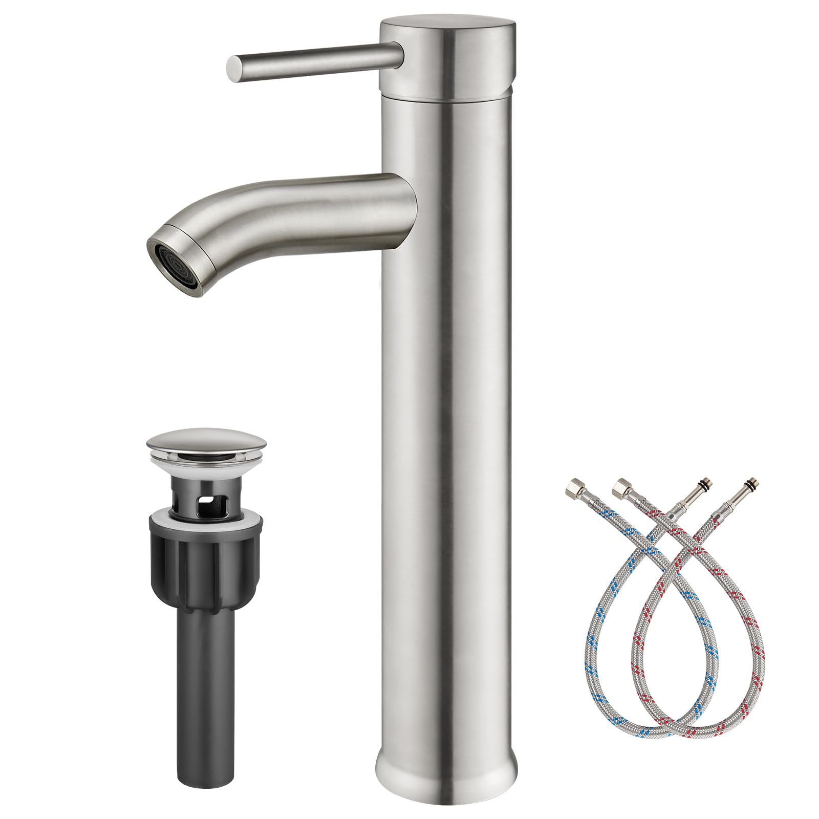 Brushed Nickel Tall Bathroom Faucet - SUS304 Stainless Steel Vessel Sink Deck Mount Single Handle Mixer Tap with Pop Up Drain - Perfect for Modern Bathrooms, Powder Rooms & Luxury Vanities