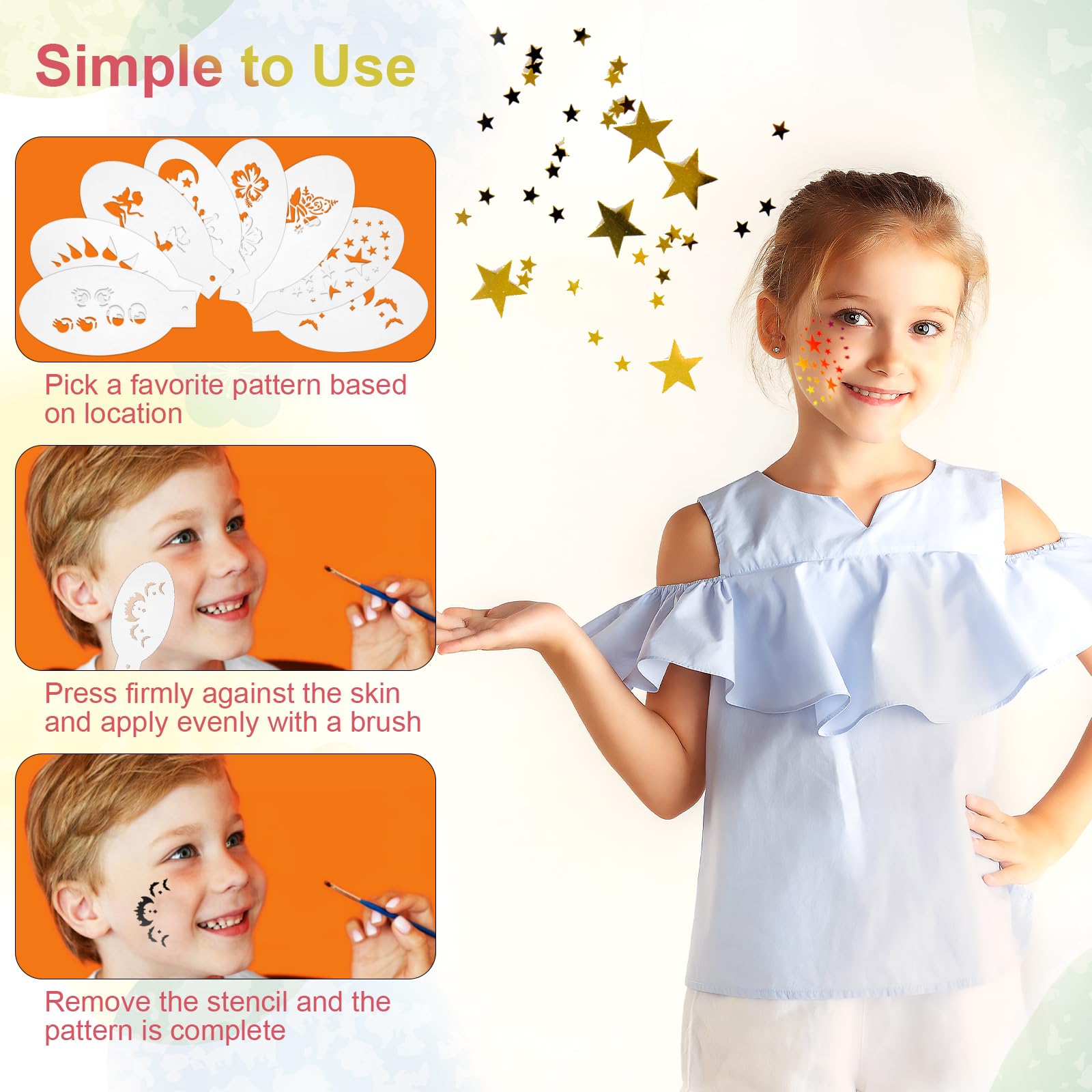 20-Piece Kids Tattoo Stencil Set - Reusable Face & Body Paint Templates for Halloween, Holidays & Parties - Safe Temporary Makeup for Children's Costume & Dress-Up Play