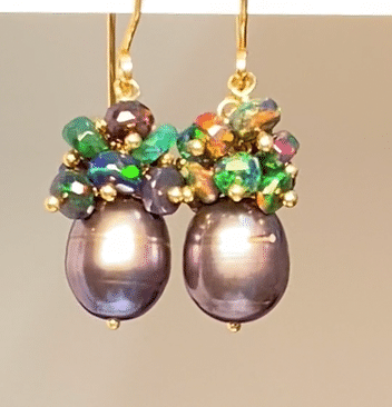 Black Grey Peacock Pearl Black Opal Cluster Earrings - Gold Filled Dangle Earrings for Women, Perfect for Parties, Weddings & Special Occasions