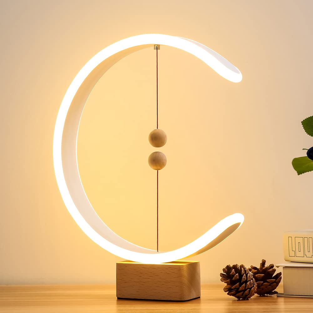 Smart Magnetic Suspension Balance Lamp - LED Wooden Desk Lamp with Creative Floating Design, Modern Night Light for Home Office, Dorm Room & Bedside (Perfect Gift for Birthday & Housewarming) - Ideal for Reading, Working & Relaxing in Bedroom or Study