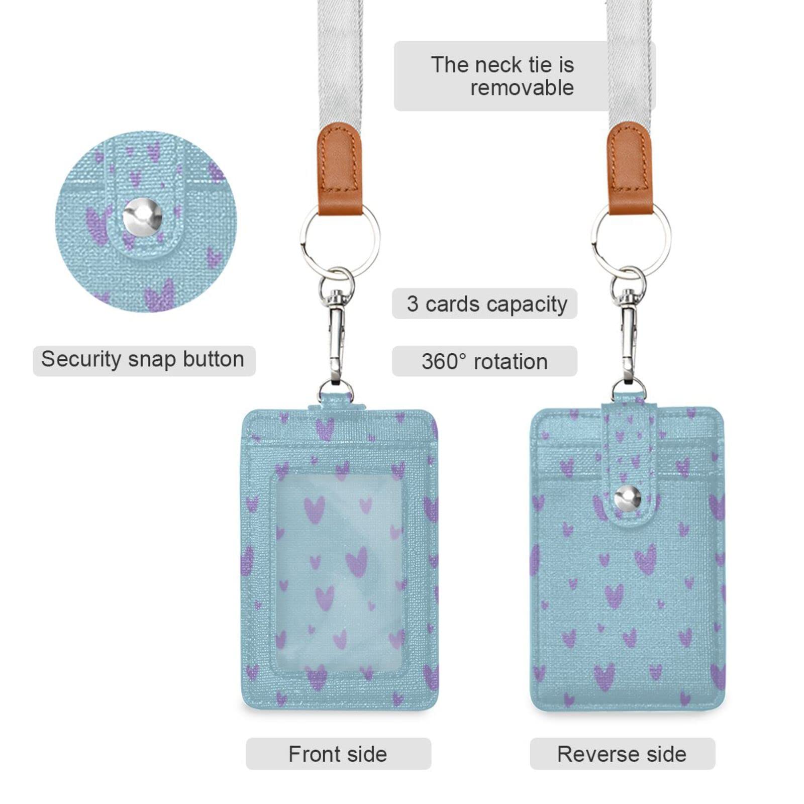 Vertical Leather ID Badge Holder with Lanyard - Purple Hearts Blue - Office & School Use