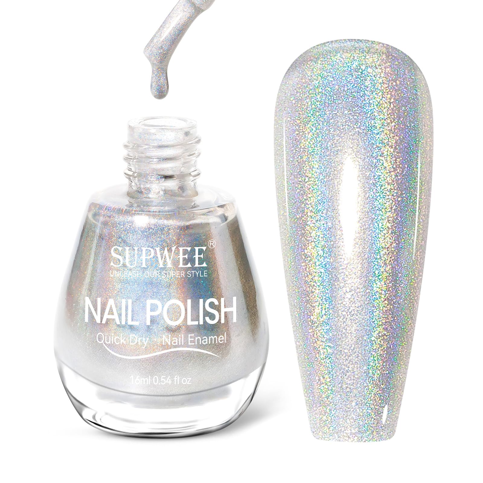 Holographic Silver Nail Polish - Quick Dry Iridescent Glitter Nail Lacquer - High Gloss Fast Air Dry Manicure - DIY Nail Art Salon Gift for Women & Girls - Perfect for Parties, Weddings, and Special Occasions