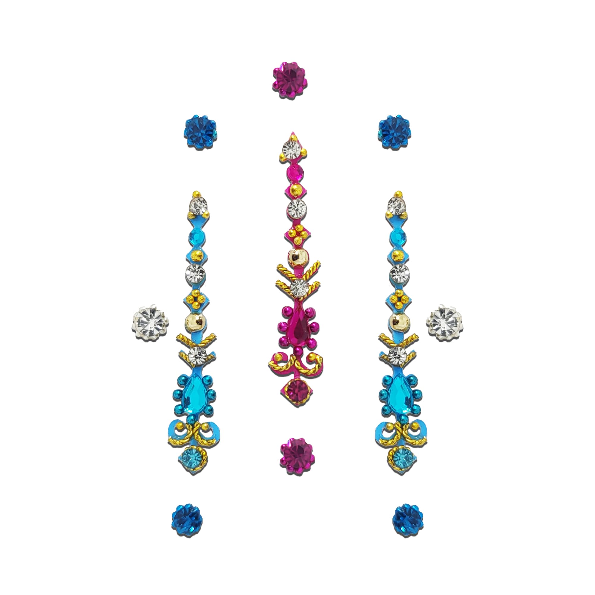 Comet Busters Pink and Blue Long Bindi for Women - 26mm Indian Forehead Jewelry (BV016) | Perfect for Diwali, Weddings & Festive Occasions
