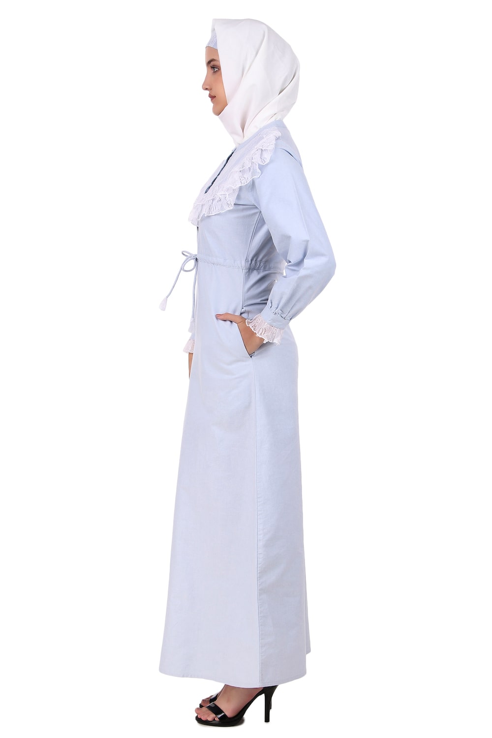 Elegant Drawstring Lace Embellished Cotton Chambray Abaya Dress - Modest Muslim Prayer Dress for Women, Perfect for Mosque, Eid and Special Occasions