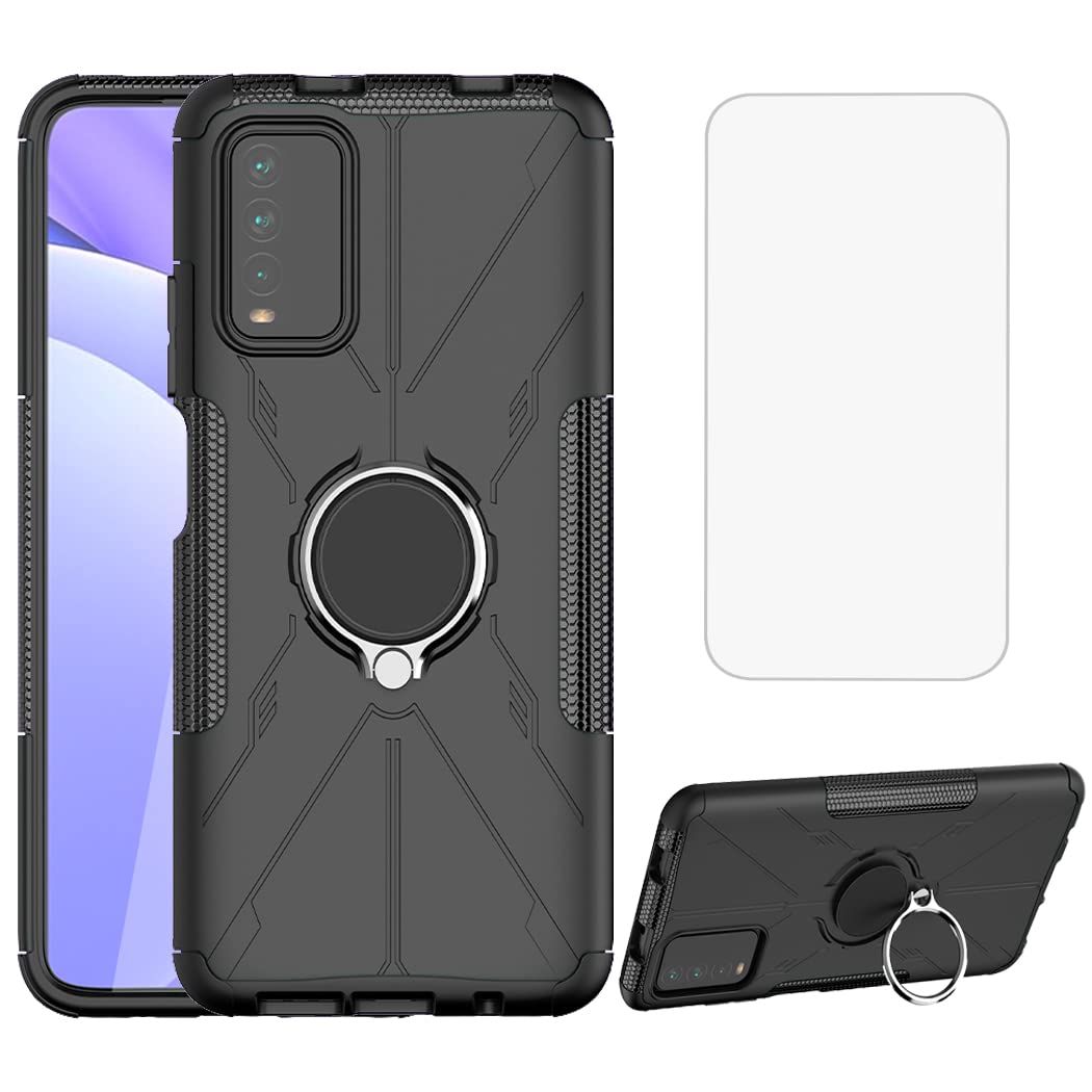 Premium Shockproof Phone Case for Redmi 9T/Poco M3/Redmi Note 9 4G with Tempered Glass Screen Protector & Metal Ring Holder - Durable Protection Cover for Xiaomi Redmi 9T (Black) - Perfect for Outdoor Activities, Travel and Daily Use