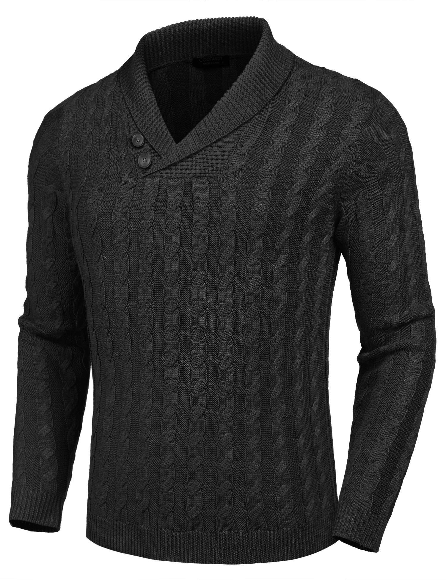COOFANDY Men's Slim Fit Shawl Collar Cable Knit Sweater - Casual Button Pullover for Fall & Winter - Perfect for Office, Date Night and Holiday Gatherings