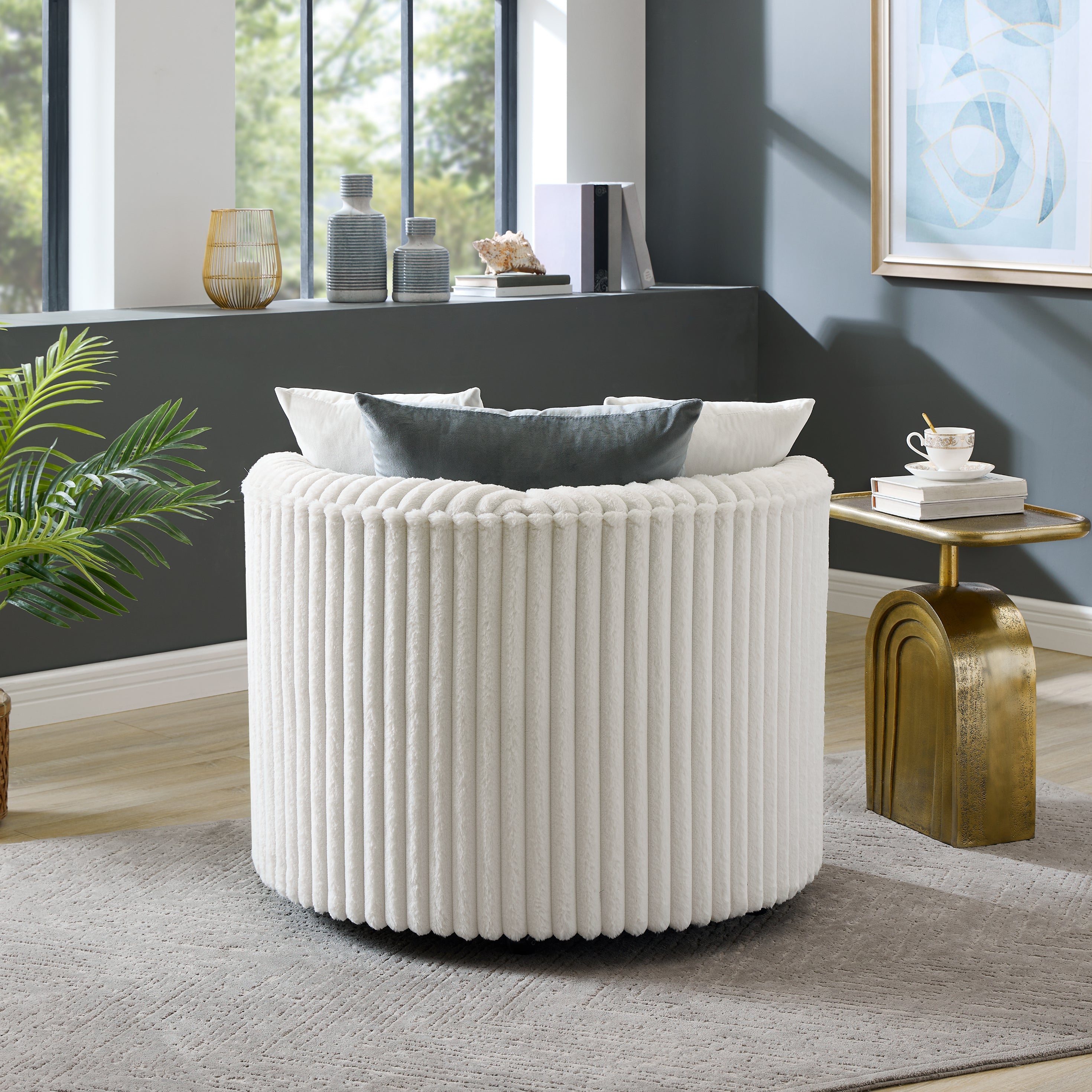 Roundhill Furniture Malna Plush Wide Wale Corduroy Upholstered Barrel Accent Chair with Wheels - Soft & Stylish Living Room Seating, Off White - Perfect for Home Office, Lounge & Reading Nook