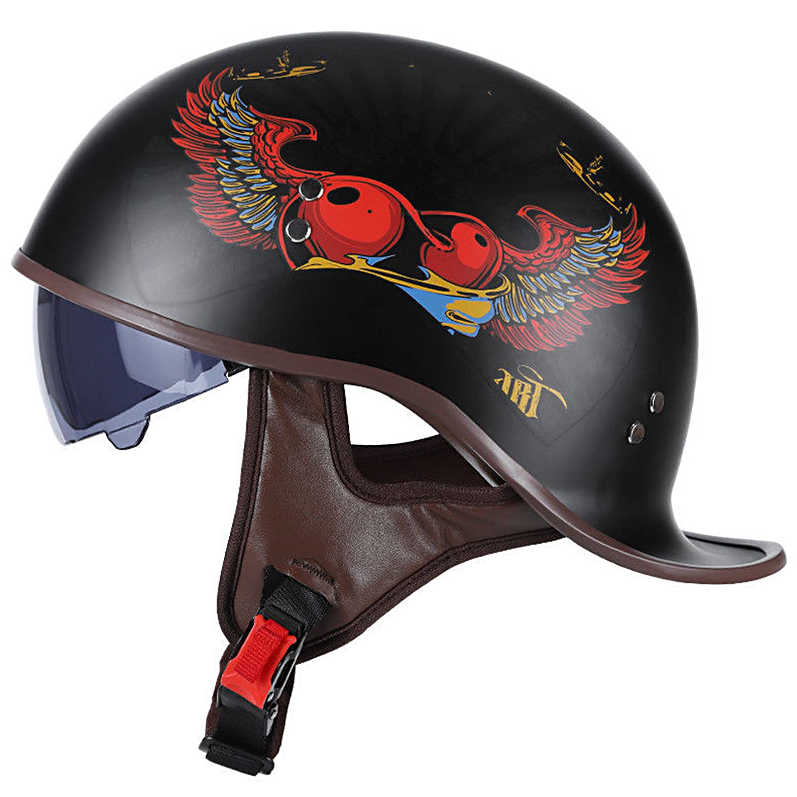 German Style DOT Approved Motorcycle Half Helmet for Men & Women - UV Visor, Vintage Skull Cap Design - Perfect for Scooter, Moped & Cruiser Riders - Ideal for Urban Commuting & Leisure Riding