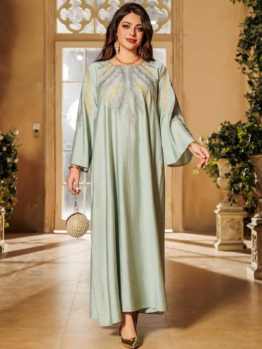 Elegant Eid Embroidered Hotfix Rhinestone Caftan Kaftan Dress for Women - Perfect for Holiday Parties, Weddings & Special Occasions
