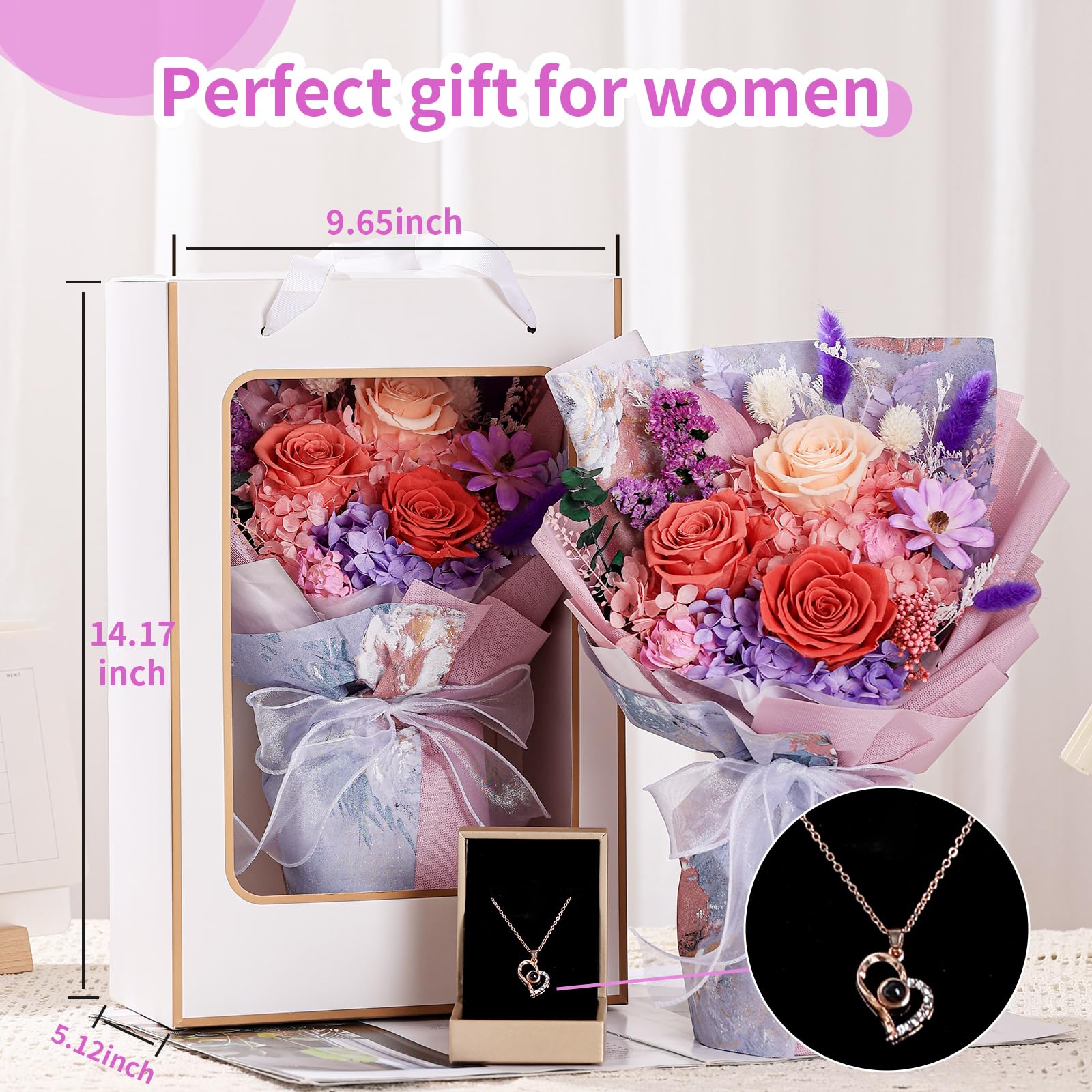 Eternal Preserved Rose Bouquet with Necklace - Fresh Cut Roses for Graduation, Mother's Day, Christmas & Valentine's Day Gifts | Long-Lasting Floral Arrangement for Special Occasions & Romantic Surprises