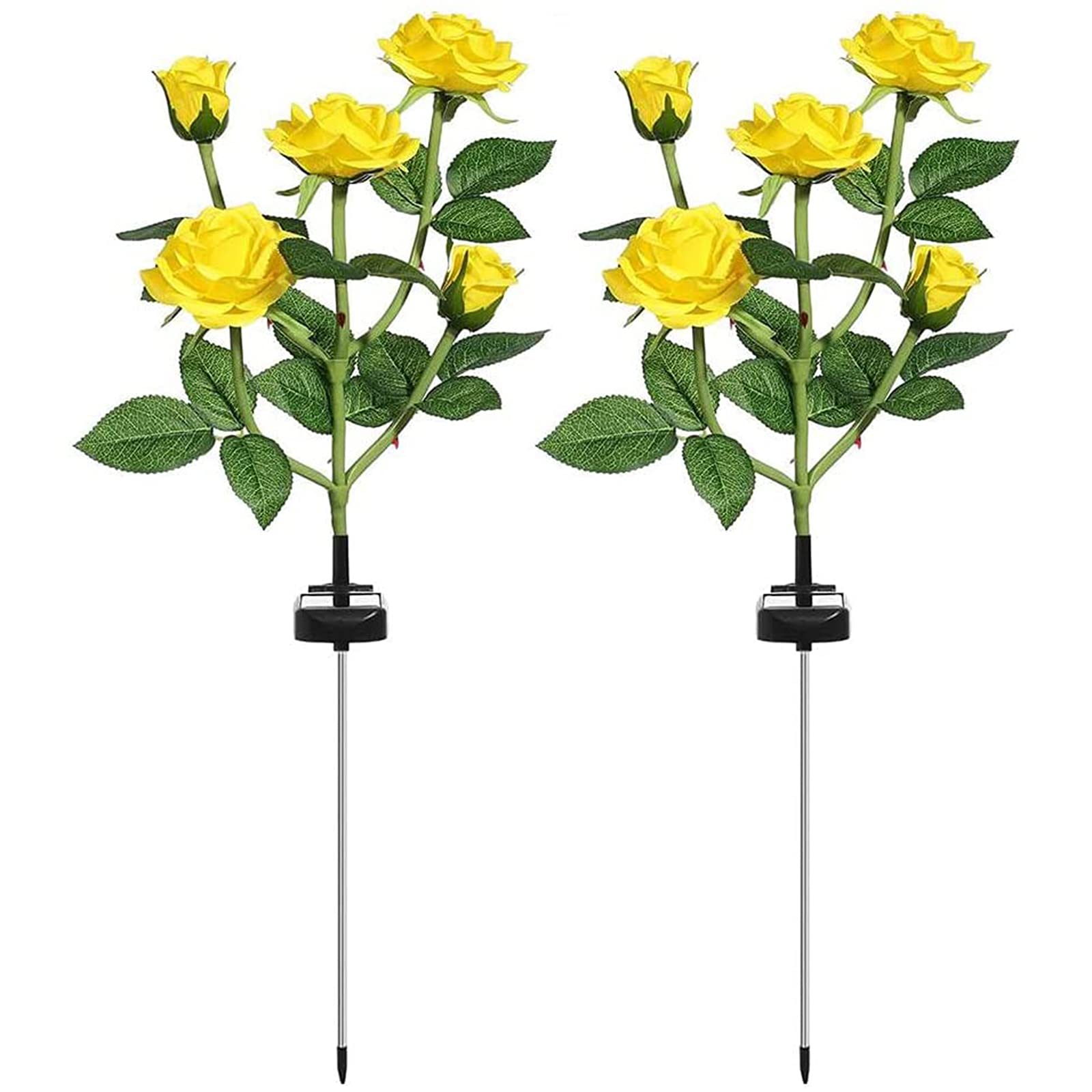ALLWIN 2 Pack Solar Rose Flower Lights - Upgraded Waterproof Outdoor LED Garden Lights with 5 Roses, Solar Powered Stake Lights for Patio, Pathway, Courtyard, Lawn Decoration (Yellow) | Perfect for Romantic Backyard Ambiance & Landscape Lighting