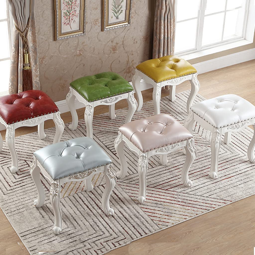 Wooden Vanity Chair Stool with Leather Padded Cushion - Stylish Rivet Design Piano Bench for Makeup Dressing (42x34x45cm) - Perfect for Bedroom, Bathroom & Dressing Room