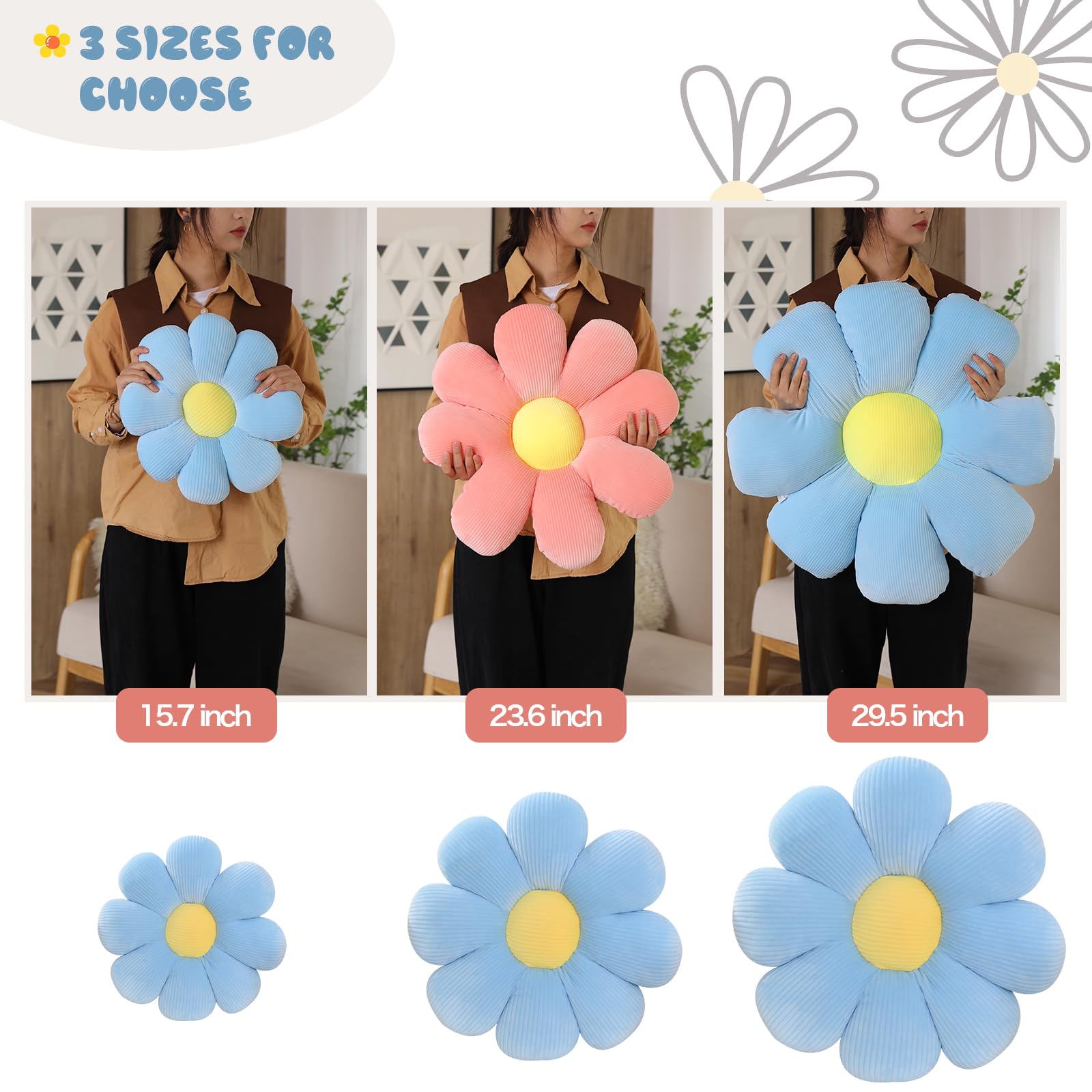 Daisy Flower Pillow - Cute Floral Cushion for Sofa & Bed Decor - Blue 15.7