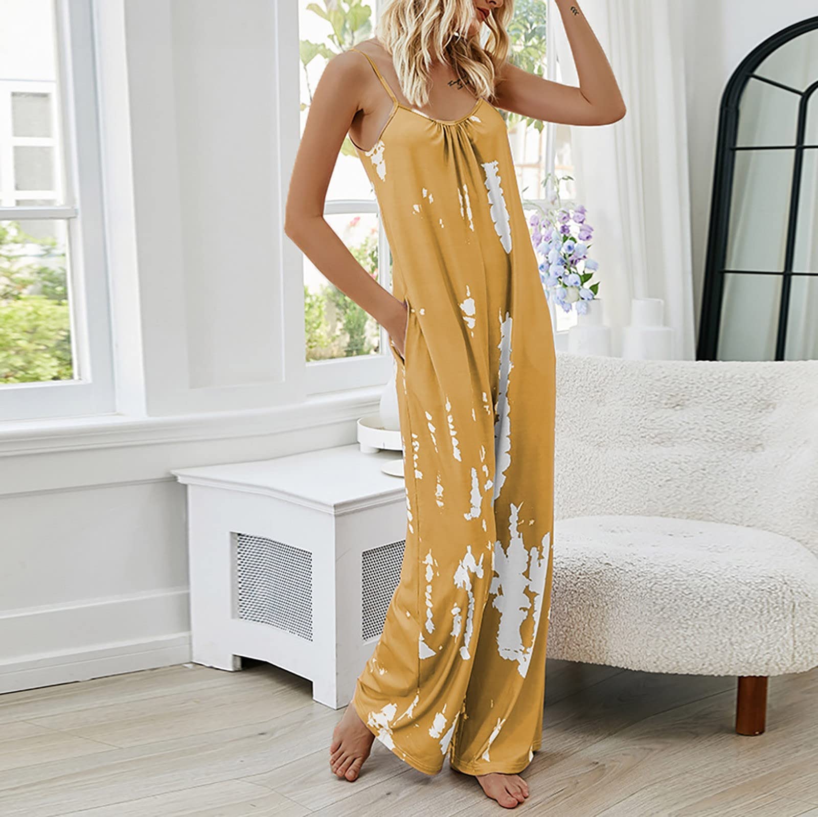 Women's Summer Casual Playsuit - Sleeveless Thin Shoulder Straps Jumpsuit with Chest Fold Decoration & Wide Leg Design | Perfect for Beach Vacations, Outdoor Parties & Casual Wear