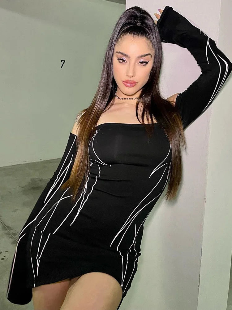 Asymmetrical Off Shoulder Bodycon Dress for Women - Sexy Striped Printed Club Party & Evening Dress - Perfect for Night Out, Date Night, and Gothic Fashion Events
