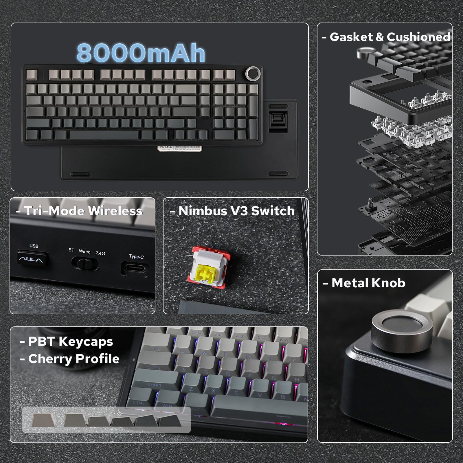 EPOMAKER X Aula F99 PRO Wireless Mechanical Gaming Keyboard - Hot Swappable Custom Keyboard with 8000mAh Battery, RGB Backlit, 2.4GHz/Type-C/BT5.0 Connectivity (Black Gradient) - Perfect for PC Gaming, Office Work & Typing Enthusiasts