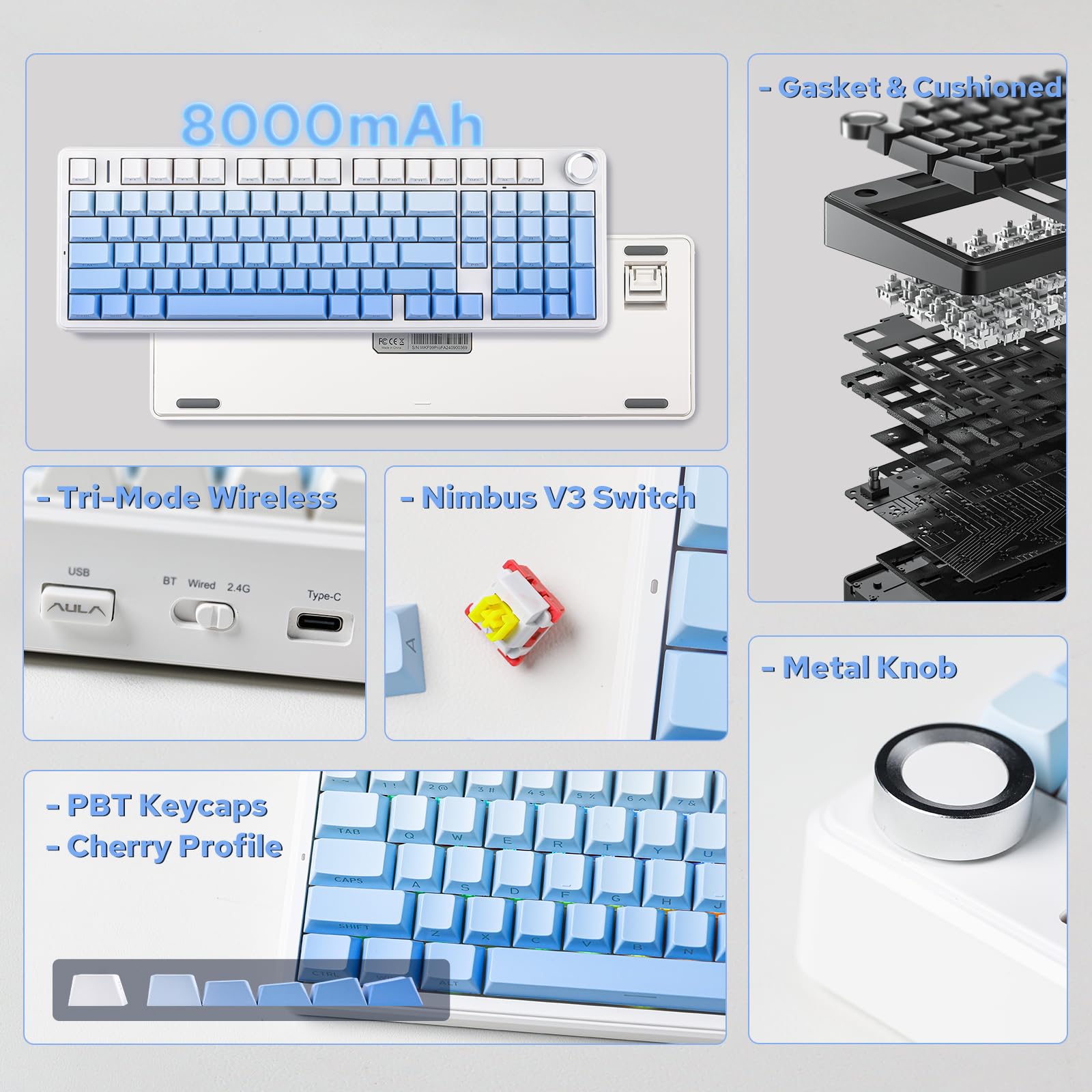 EPOMAKER X Aula F99 PRO Wireless Mechanical Gaming Keyboard - Hot Swappable Custom Keyboard with 8000mAh Battery, 2.4GHz/Bluetooth 5.0/Type-C Connectivity, RGB Backlit (Blue Gradient) - Perfect for PC Gaming, Office Work & Typing Enthusiasts