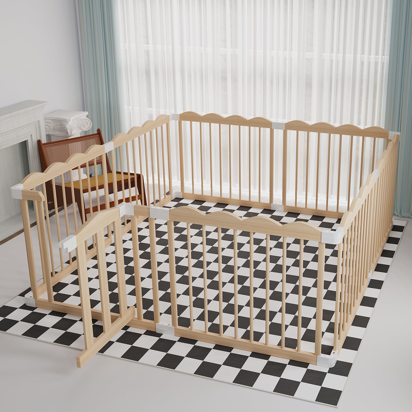 Wooden Baby Playpen for Babies & Toddlers - Large Adjustable Playard with Locking Gate, Easy to Assemble & Portable (62x70x24 Inch) - Safe Play Area for Nursery, Living Room & Outdoor Use