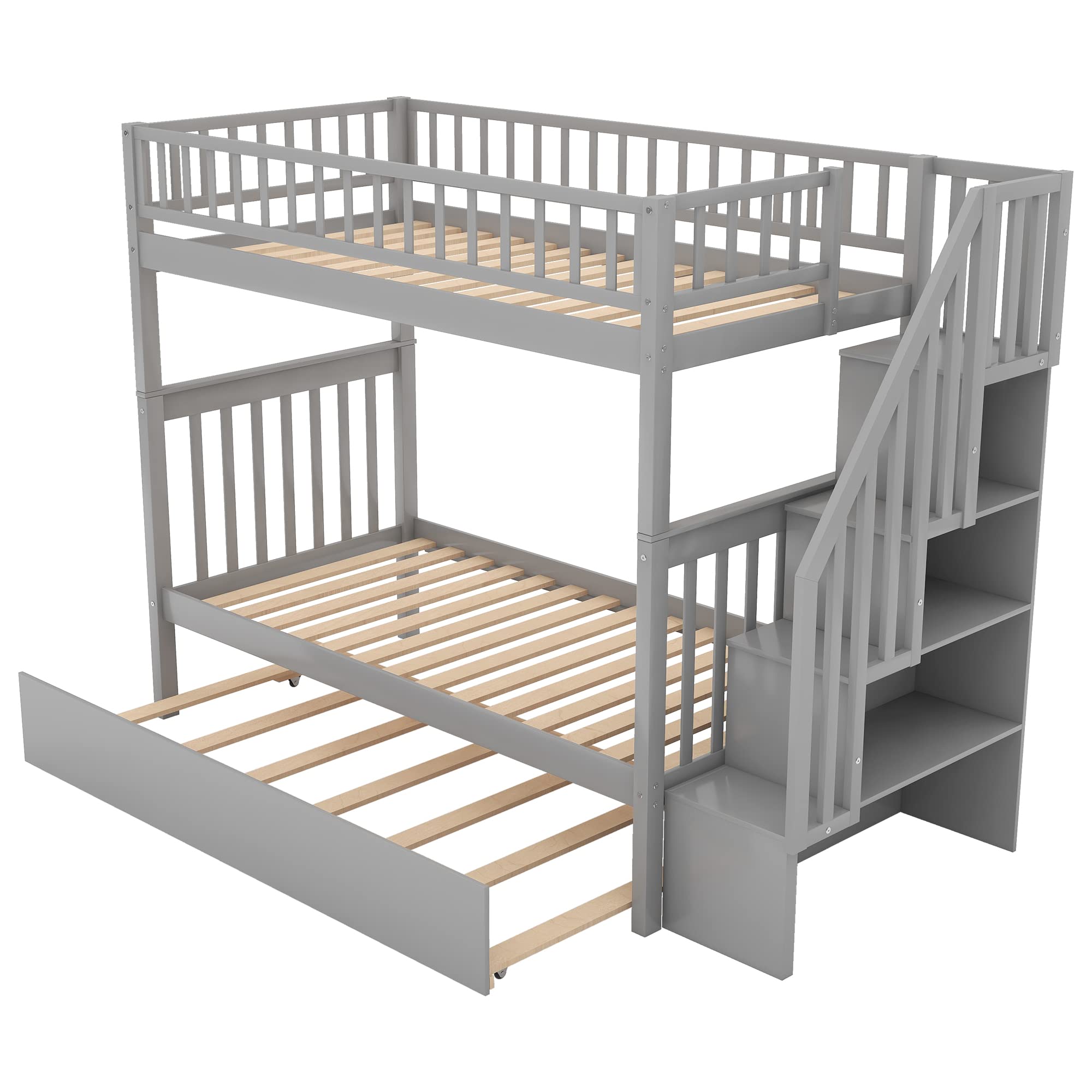 Harper & Bright Designs Twin Over Twin Solid Wood Bunk Bed with Trundle & Stairs - Space-Saving Kids, Teens & Adult Bedroom Furniture (Grey) - Perfect for Small Rooms, Guest Rooms & Shared Kids' Bedrooms