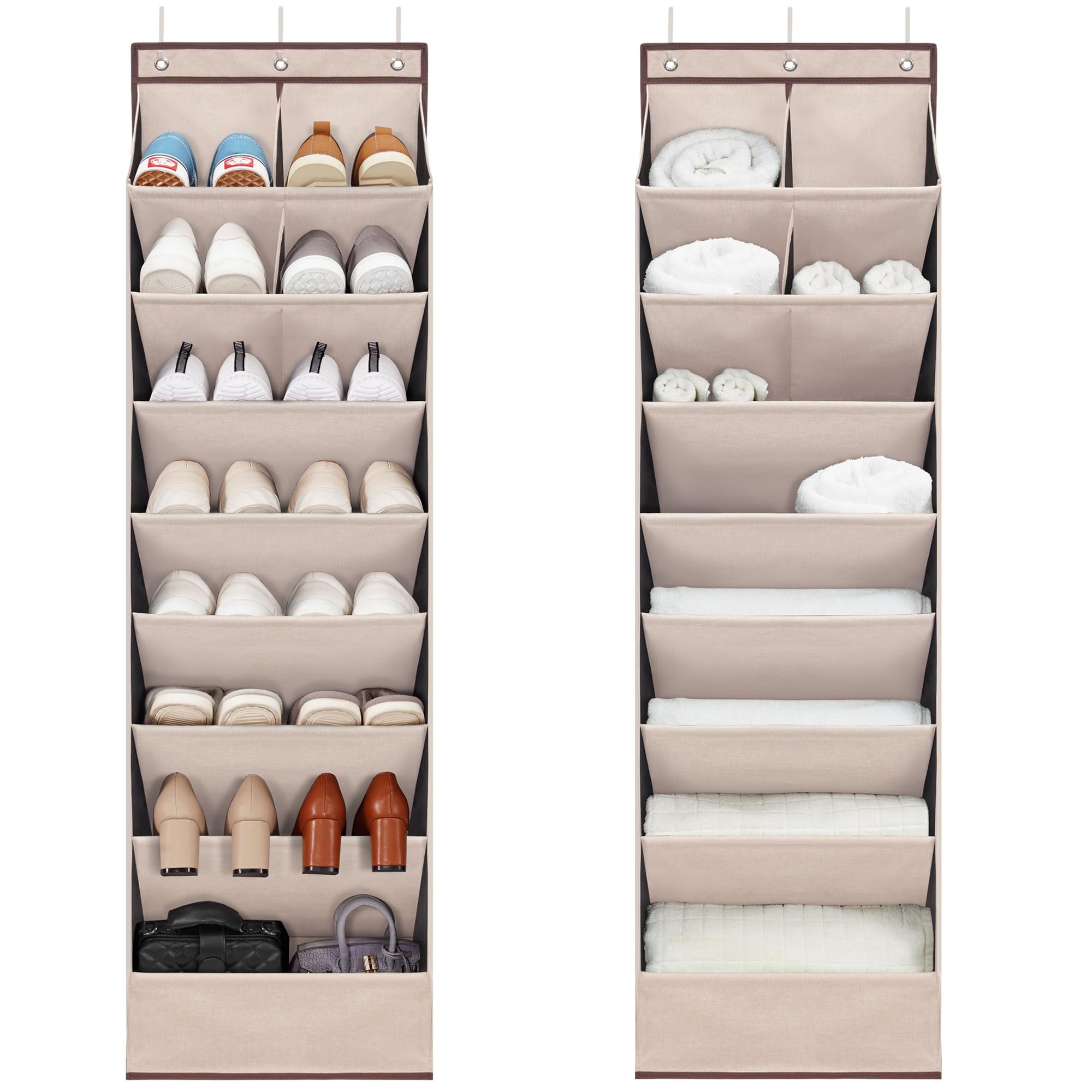 2 Pack Over The Door Shoe Organizer with 6 Extra Large & 4 Large Pockets - Sturdy Hanging Closet Storage Rack for Shoes, Sneakers, Boots - Space Saving Beige Shoe Holder for Bedroom, Closet & Entryway Organization