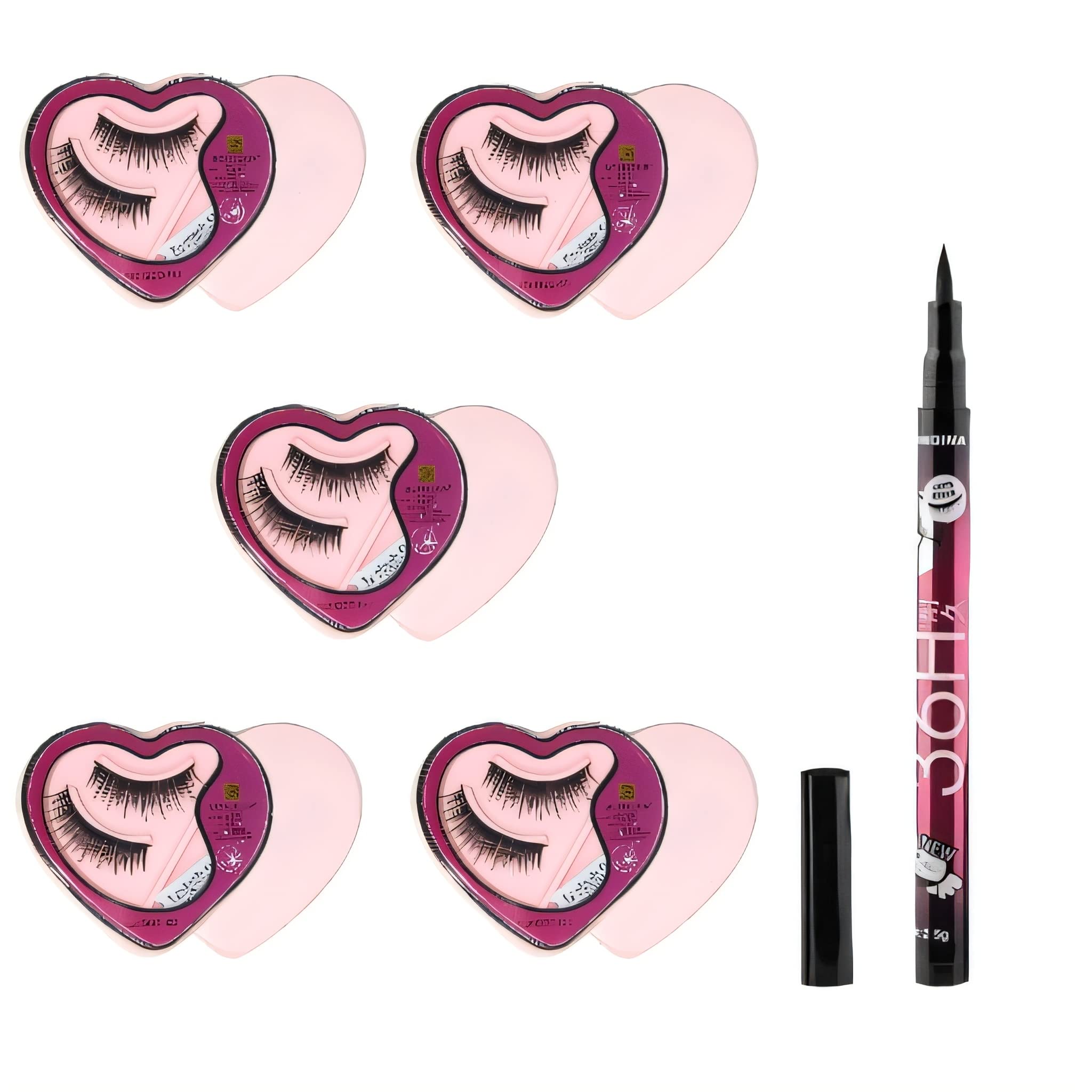 5 Pairs Natural False Eyelashes with Eyeliner - 6 Pack for Dramatic Eye Makeup, Party & Special Occasions