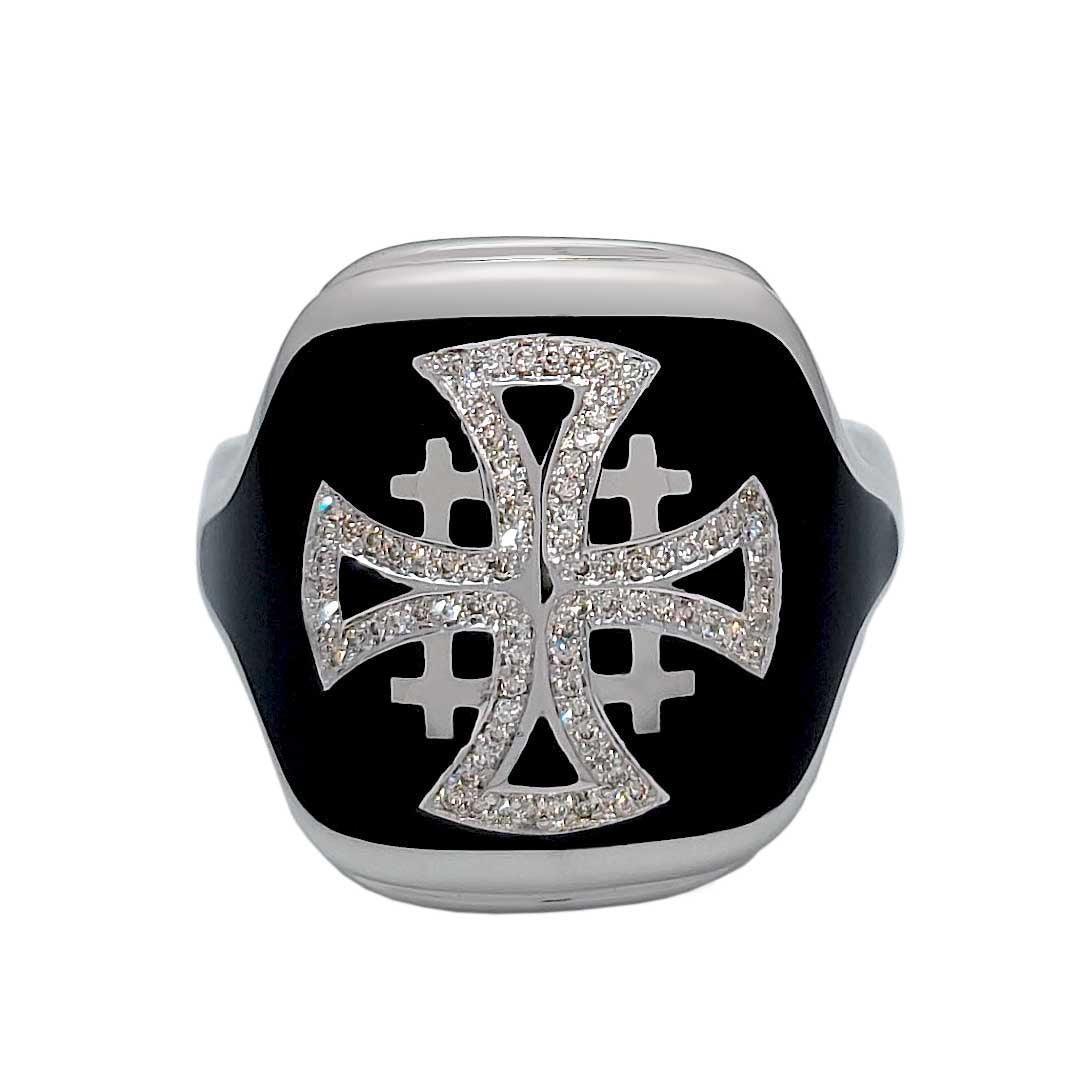 14K White Gold Men's Jerusalem Cross Signet Ring - 86 Diamonds & Black Enamel - Elegant Religious Jewelry for Gifts, Weddings & Special Occasions