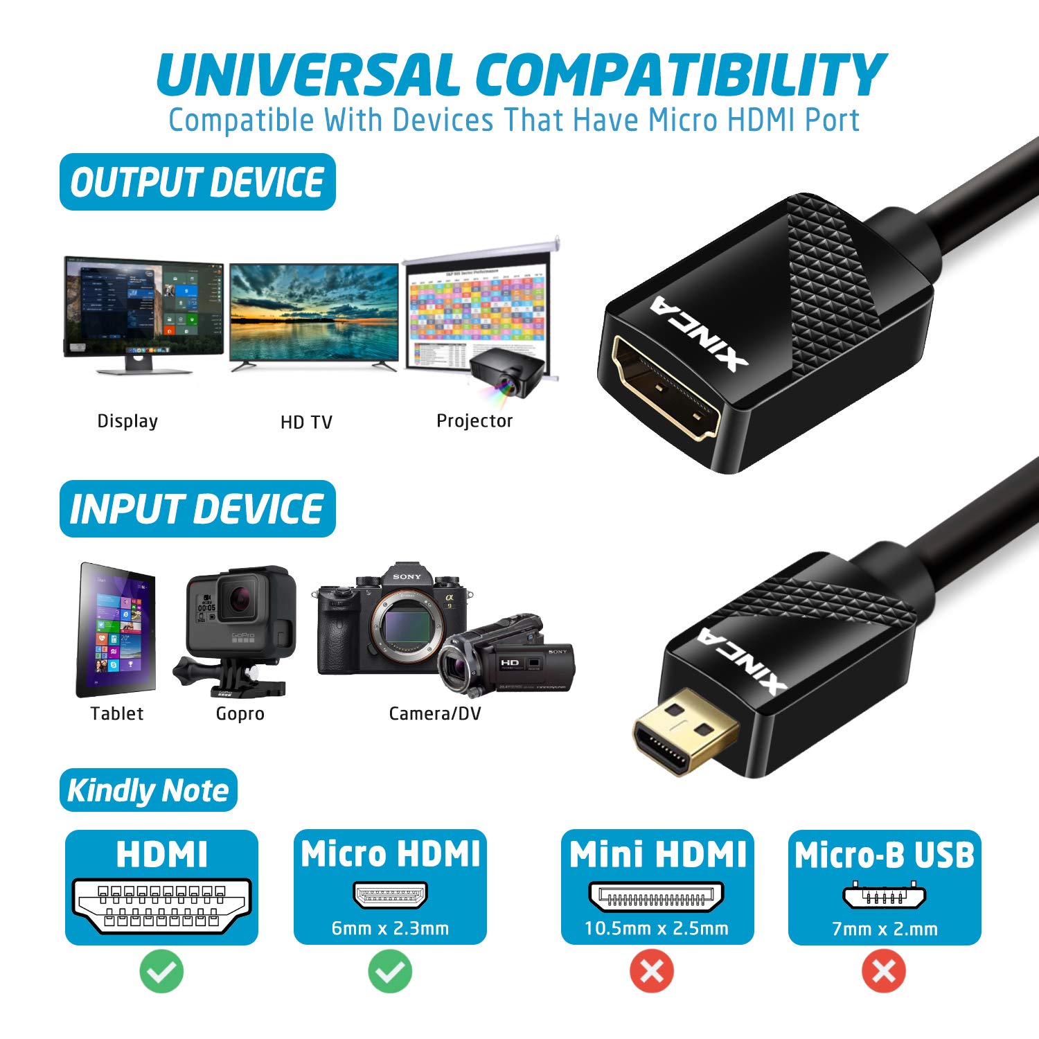 Premium Micro HDMI to HDMI Adapter 4K 3D Gold-Plated Connector - 0.75ft (0.22M) Cable for Smartphones, Tablets, Cameras, GoPro Hero 5 - Perfect for Home Theater, Gaming & Presentations