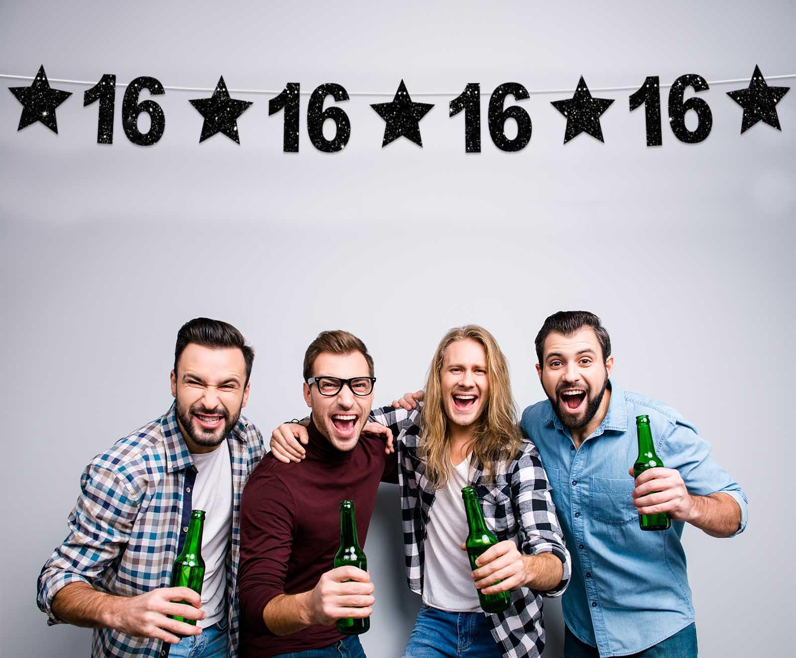 Happy 16th Birthday Glitter Black Star Banner - Shiny Star Backdrop Decor for Sweet 16 Party, Home Wall, Classroom | Cheers to 16 Years Birthday Supplies | Perfect for Teen Birthday, Anniversary & Celebration Decorations