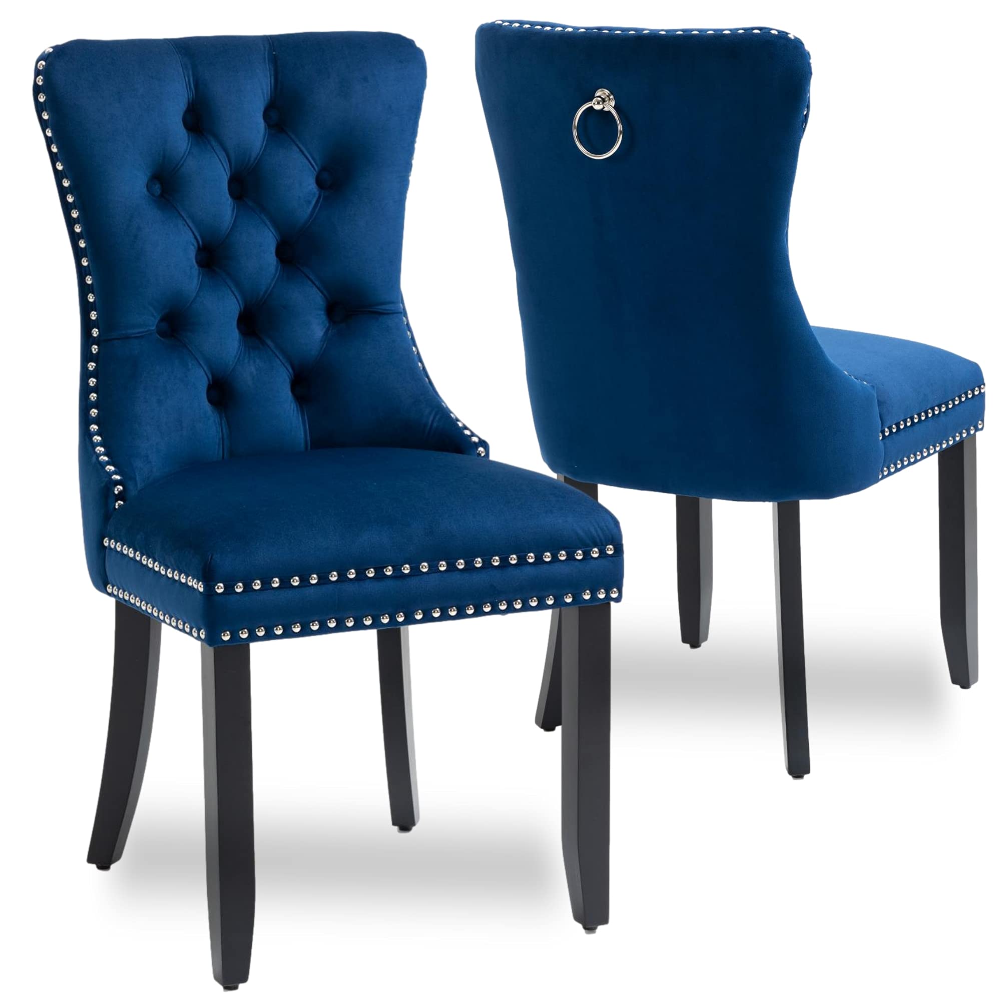 Set of 2 Blue Velvet Upholstered Dining Chairs with Nailhead Trim & Pull Ring - Elegant Accent Chairs for Dining Room, Kitchen, or Home Office Decor