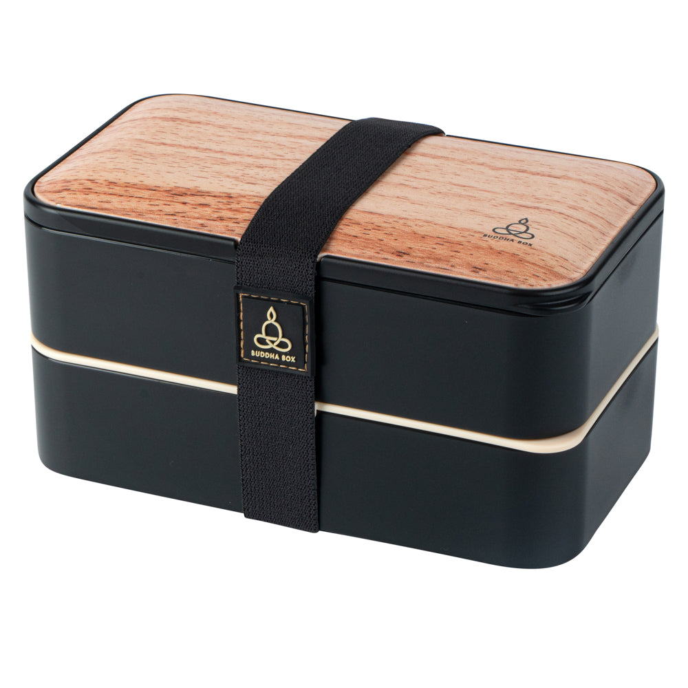 Bento Tek 41oz Wood Grain & Black Buddha Lunch Box with Utensils & Sauce Cup - 7.25