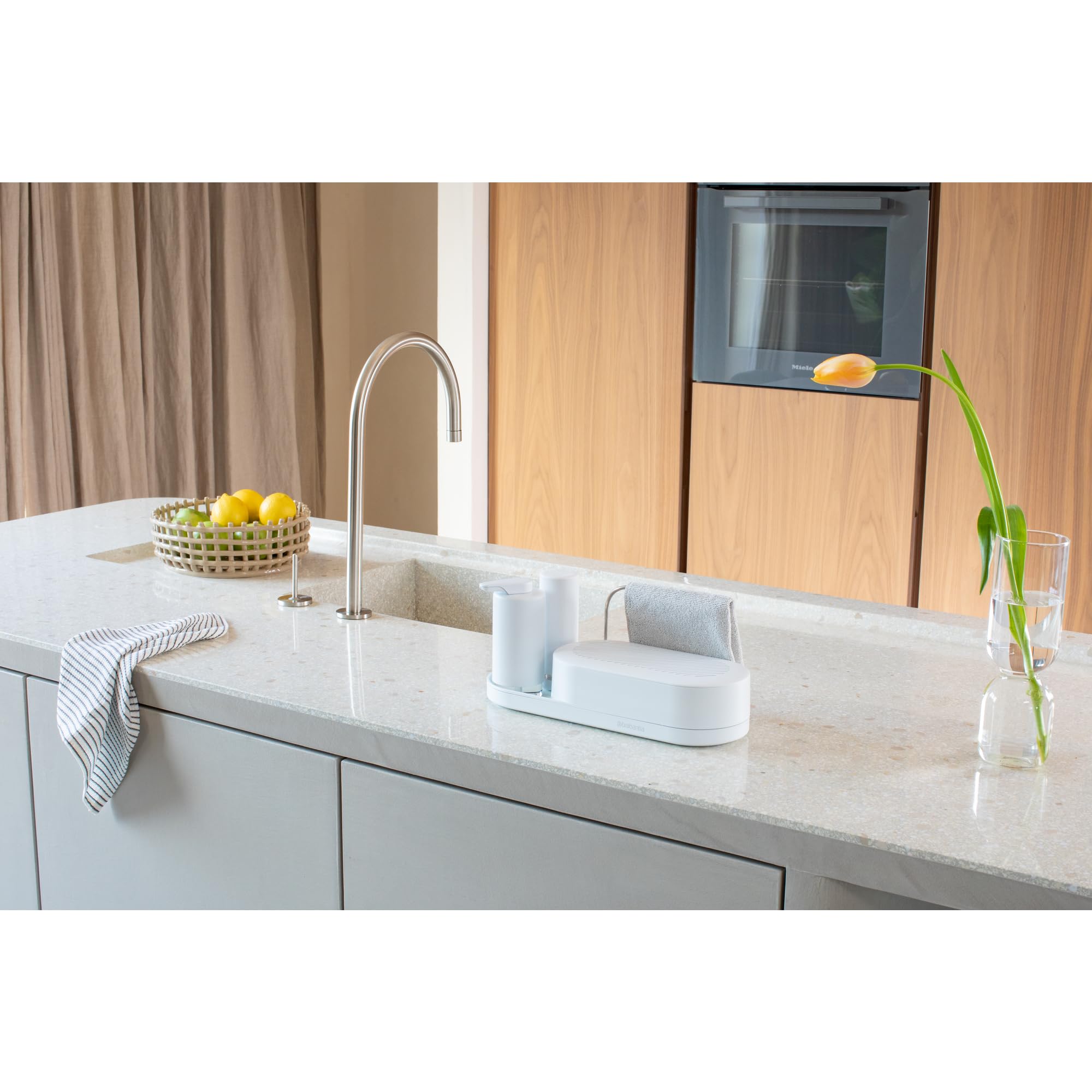 Brabantia 3-Piece Sink Organizer Set - Soap Dispenser, Soap Squeezer & Storage Tray - Compact Space-Saving Design with Drip Tray & Non-Slip Base - Mineral Fresh White - Perfect for Kitchen, Bathroom & Vanity Organization