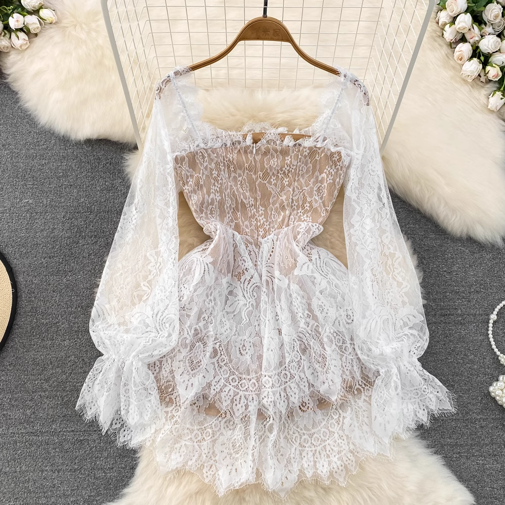 Elegant Korean Style Long Sleeve Square Neck A-Line Lace Dress for Women | Autumn Flowy Fluffy Party Dress | Perfect for Weddings, Dates & Special Occasions